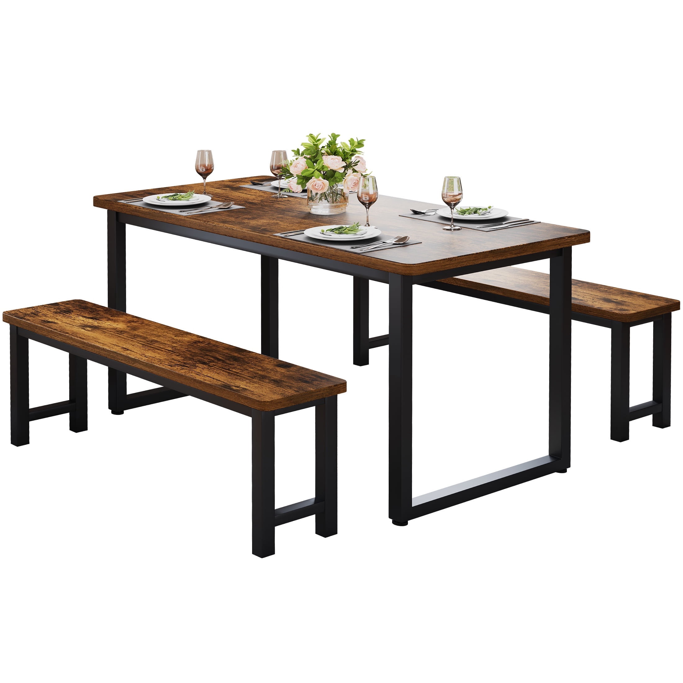 PORKISS 47.2" Dining Table Set for 4, Kitchen Table with 2 Benches, Wood Dining Room Dinette Sets with Metal Frame for Breakfast Nook and Small Space - Brown - Image 9