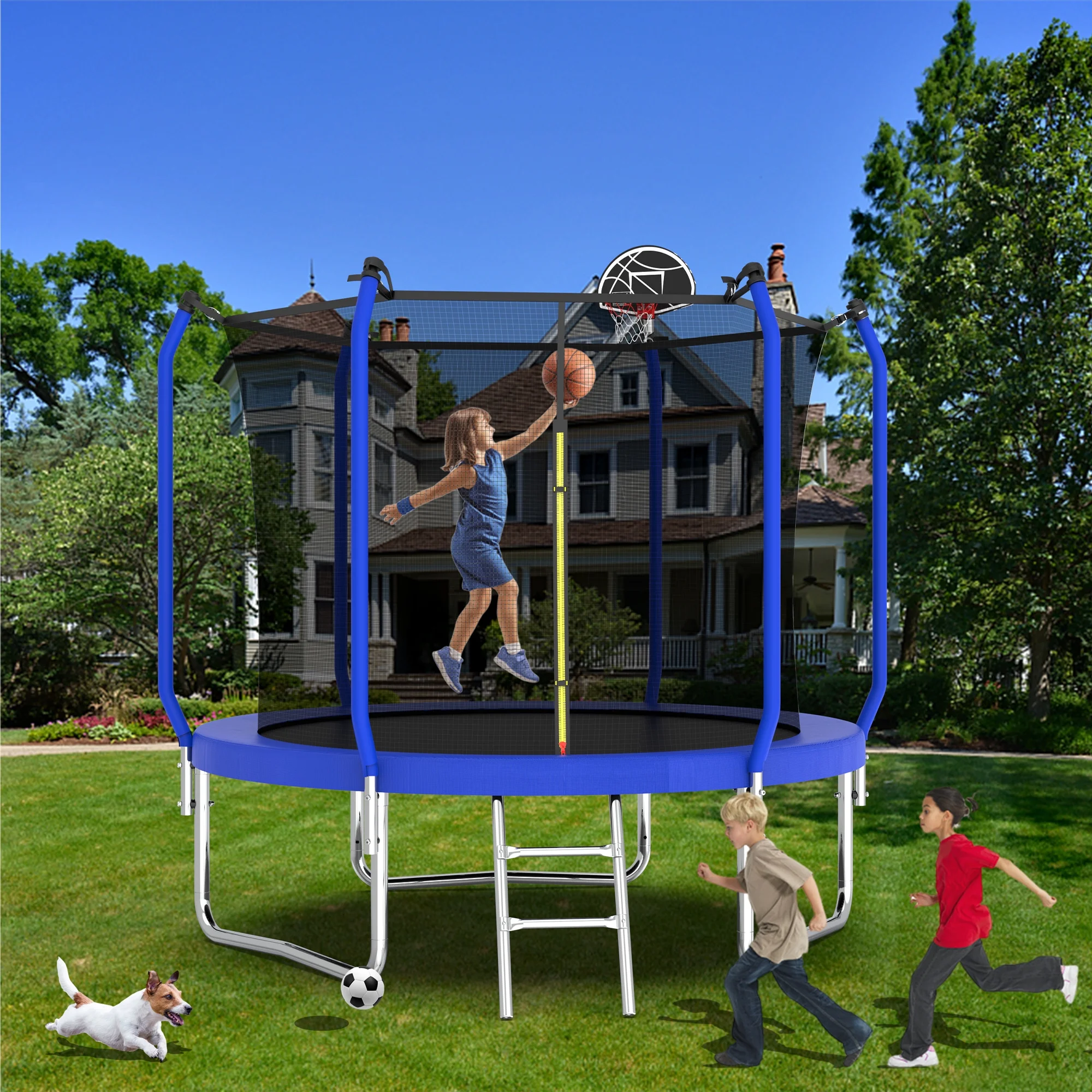 Yoneston 8FT Outdoor Trampoline with Basketball Hoop, 880LBS Heavy Duty Reinforced Trampoline with Safety Enclosure Net and Ladder for Kids Teens Adults, Blue - Image 9
