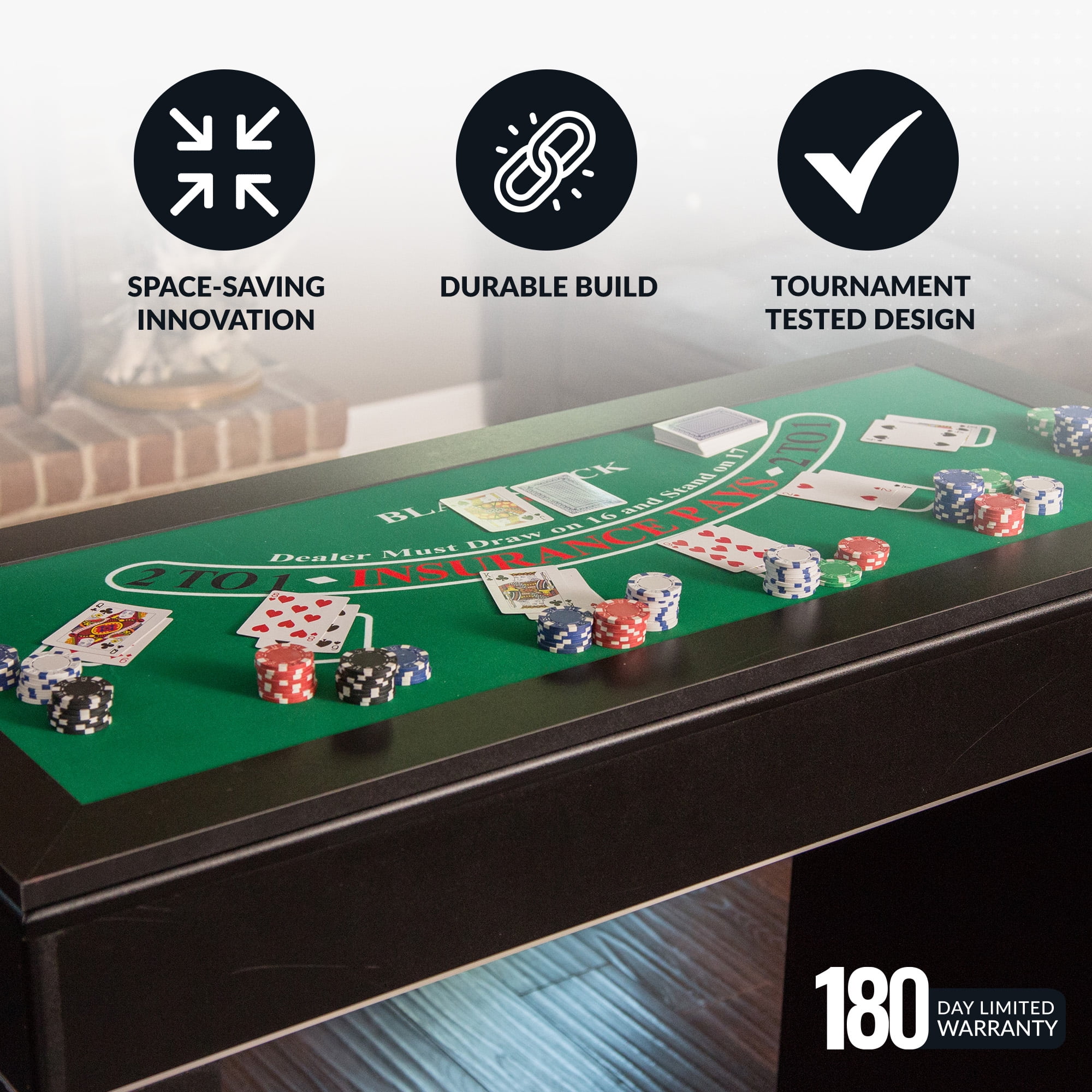 Hathaway Monte Carlo 4-In-1 Casino Table with Blackjack, Roulette, Craps and Bar Table, Black, Green, 47.75-In W - Image 5
