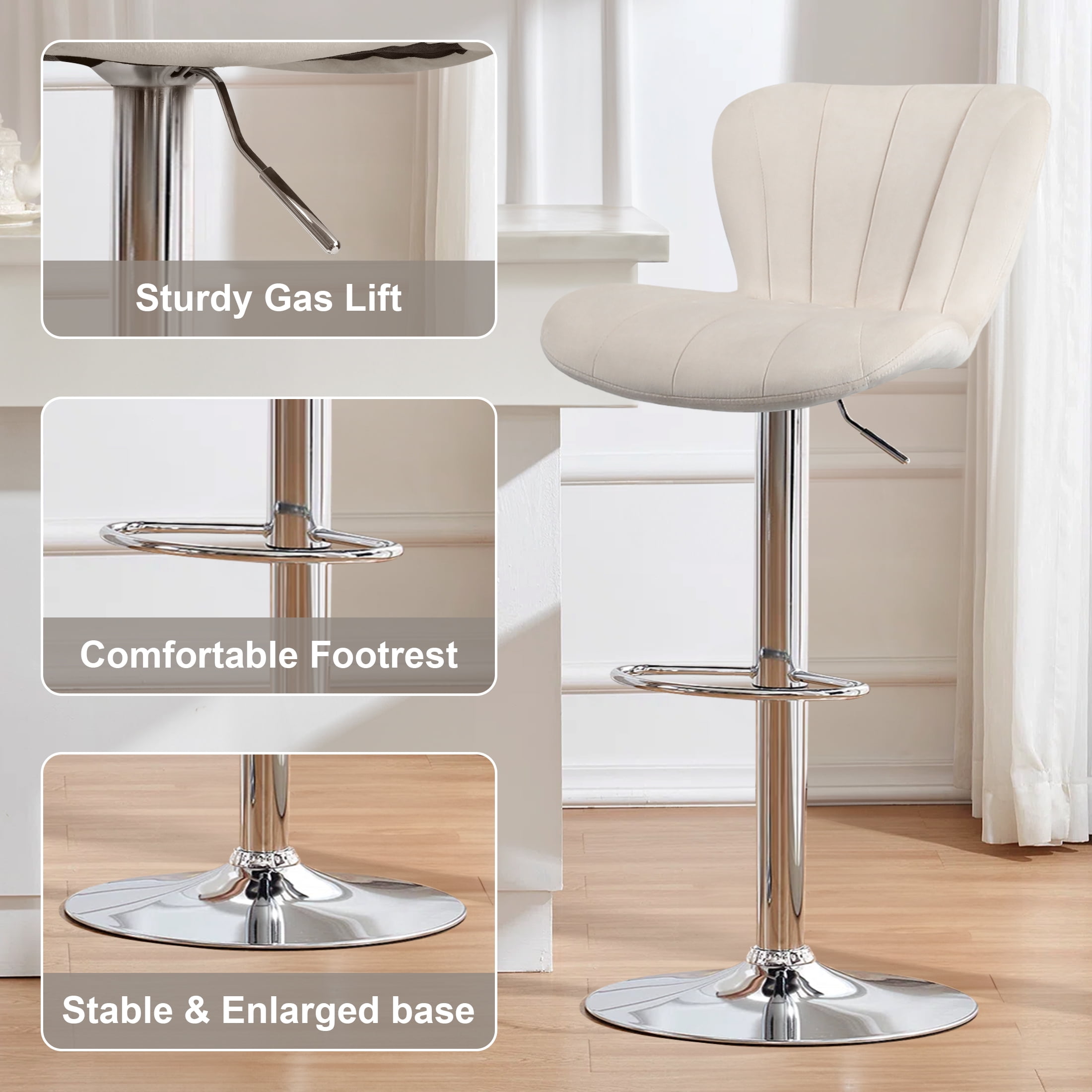 Nefoso Bar Stools Set of 2,Adjustable Bentwood Barstools,Velvet Leather Upholstered Bar Chair with Back and Footrest, for Bar, Kitchen, Dining Room,Beige - Image 8