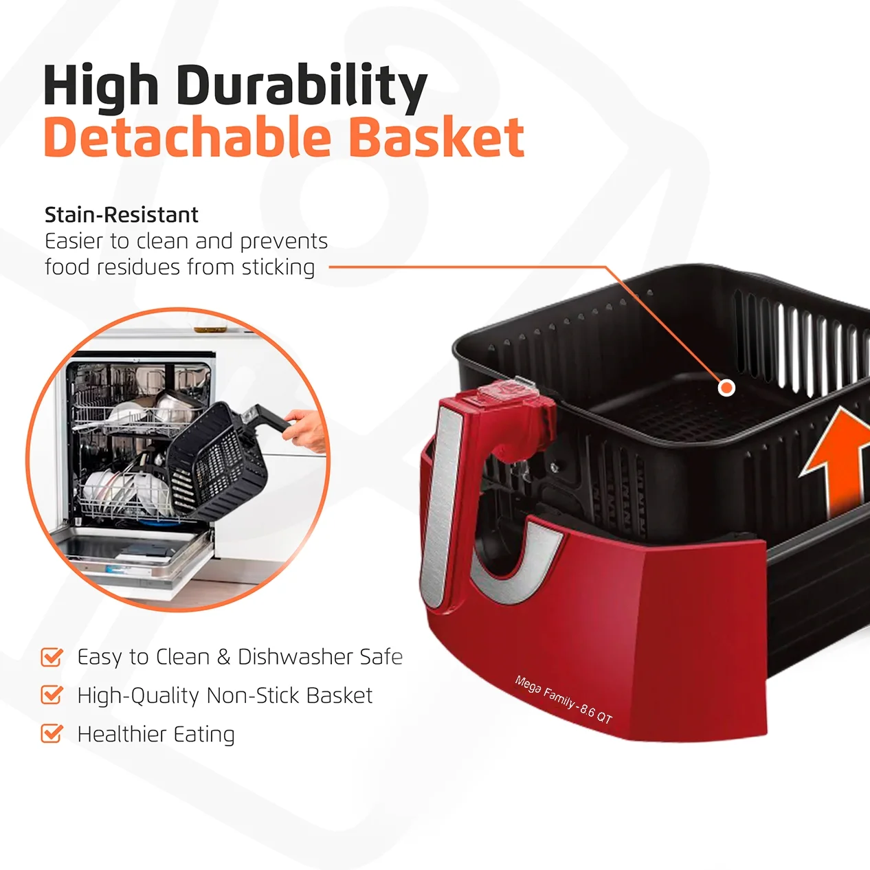 Mondial Air Fryer - 8.6 Quart Extra-Large Air Fryer, 1800 Watts - Quick Heat Circulation Technology, Low Fat Cooking Less Calories - Removable Squared Basket, Easy Usage Auto Shut Off - Red - Image 3