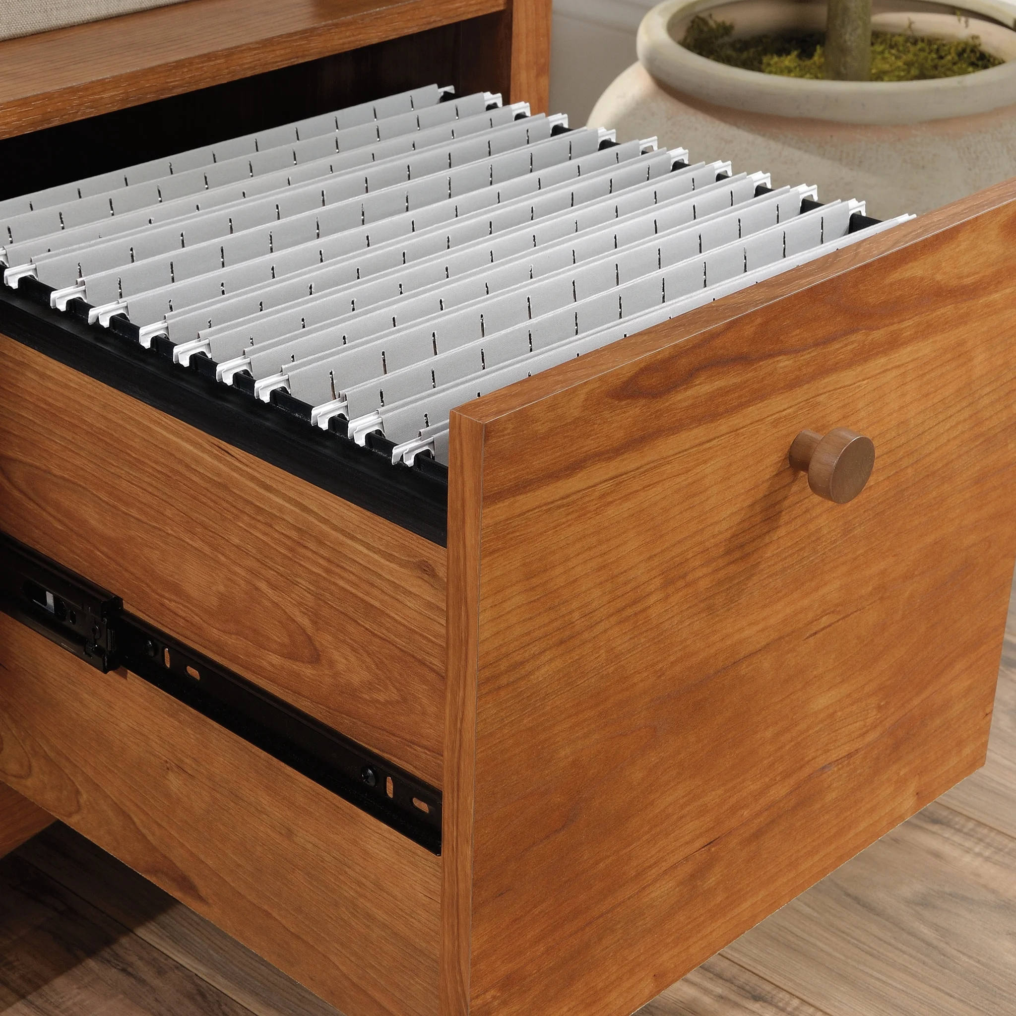 Sauder Union Plain Single Pedestal Desk, Prairie Cherry Finish - Image 3