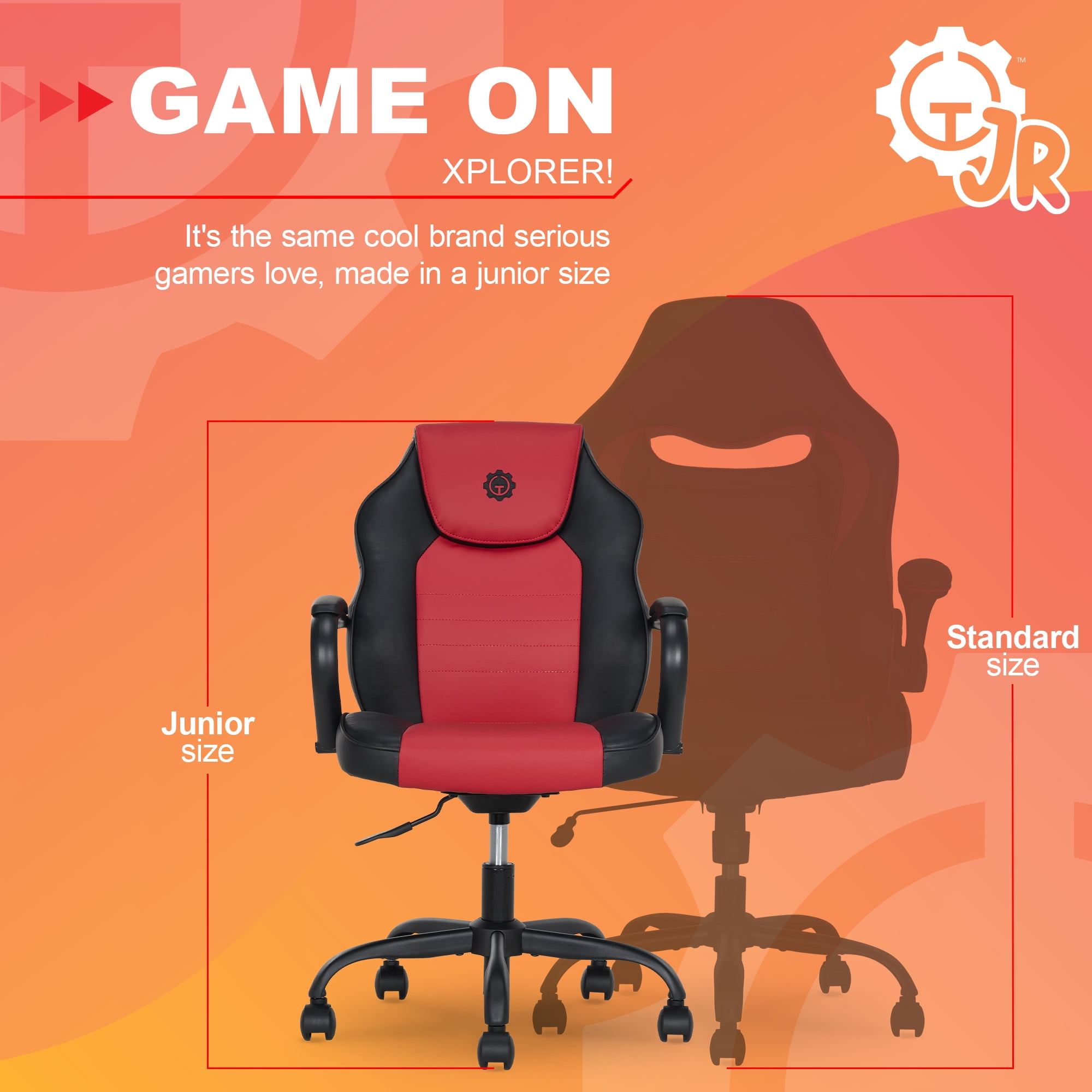 Gamer Gear Jr. Xplorer Gaming and Computer Chair, Kids and Teens Gaming Chair with Padded Arms, Adjustable Height, Red and Black - Image 8