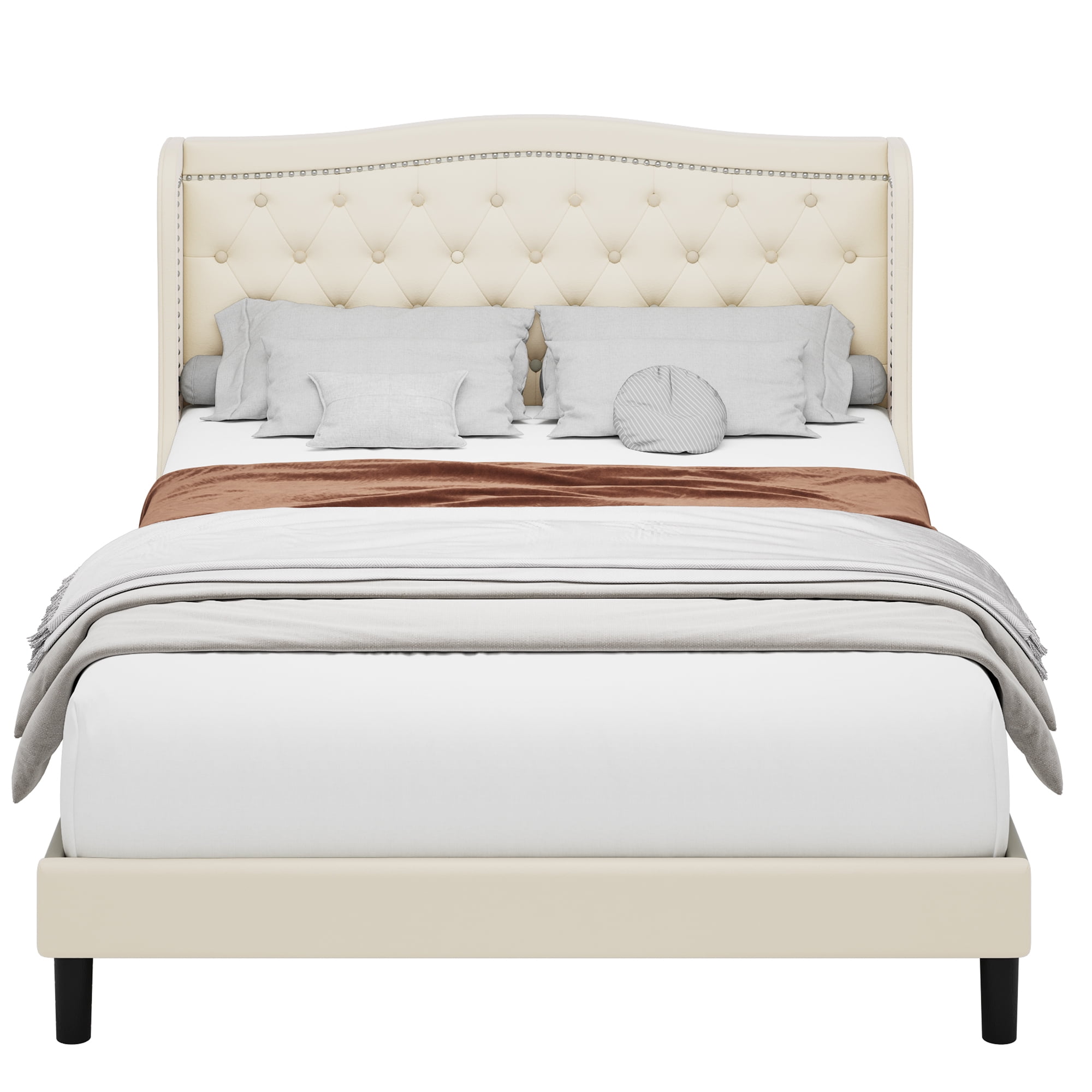 Homfa Full Size Bed, Modern Velvet Fabric Platform Bed Frame with Wing Back Tufted Upholstered Headboard, No Box Spring Needed, Beige - Image 8