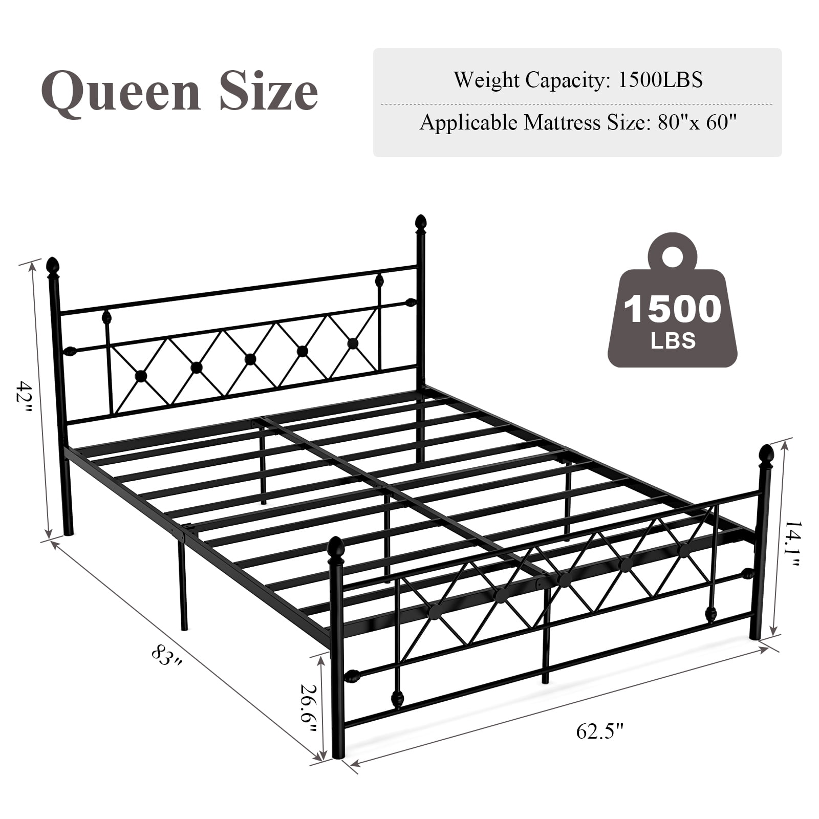 HOMWOO Queen Size Metal Platform Bed Frame with Headboard & Footboard, No Box Spring Required, Under Bed Storage, Heavy Duty Mattress Foundation, Noise Free, Black - Image 5