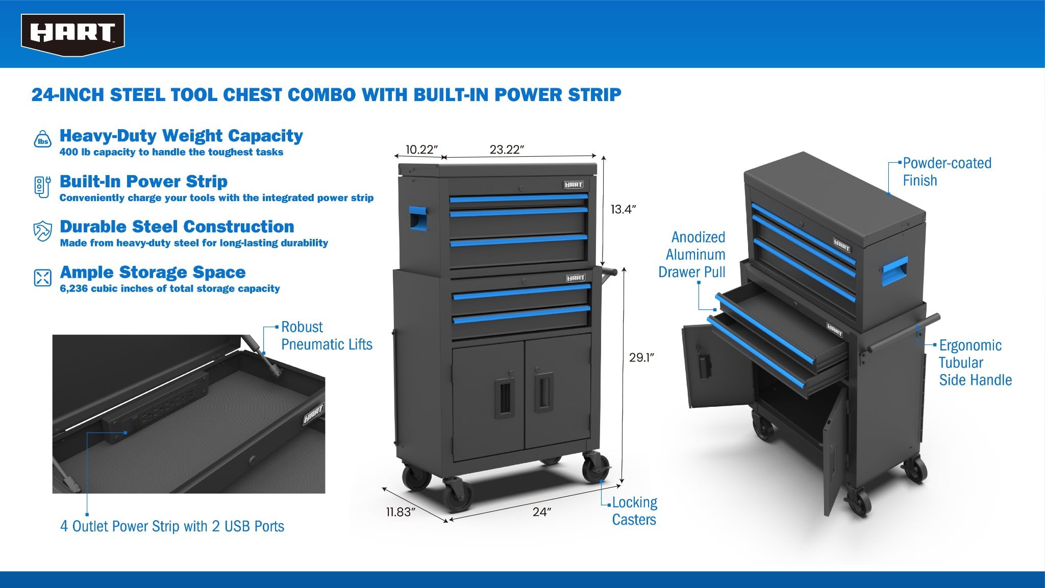 Hart 24-inch Steel Tool Chest Combo with Built-In Power Strip, 400 lb Capacity - Image 5