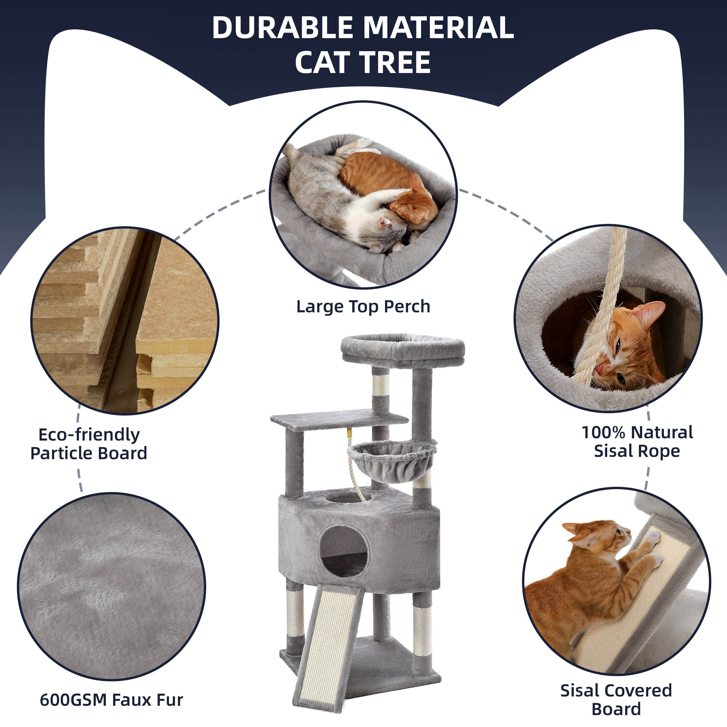 Vibrant Life 50inch Cat Tree Tower with Large Condo and Perch for Indoor Cats, Light Gray - Image 5