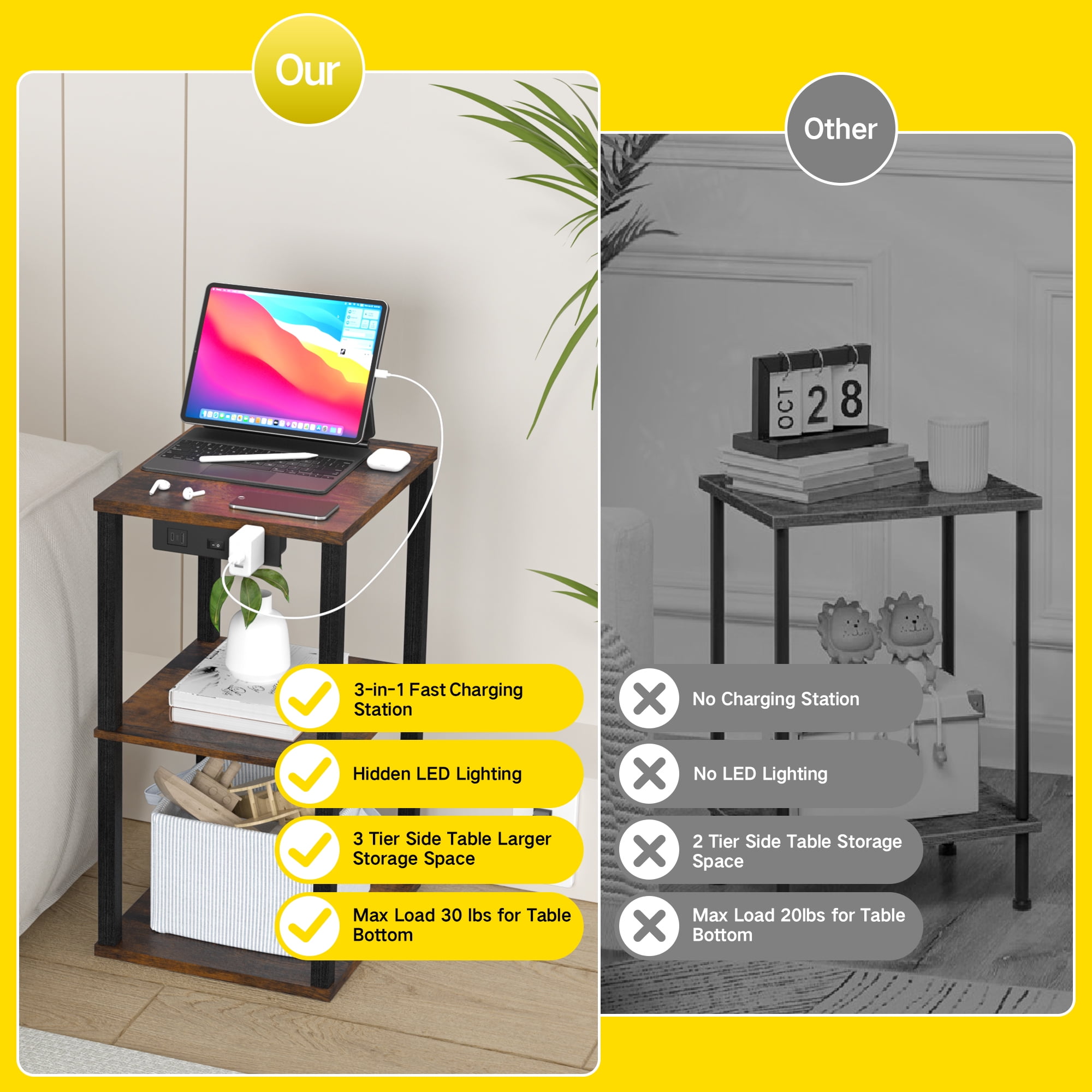 OUTONLIFE End Table with Charging Station, Small Bedside Table with 3 Storage Shelves, Narrow Side Table with USB Ports & Power Outlets, Night Stand for Living Room, Bedroom, Black - Image 10