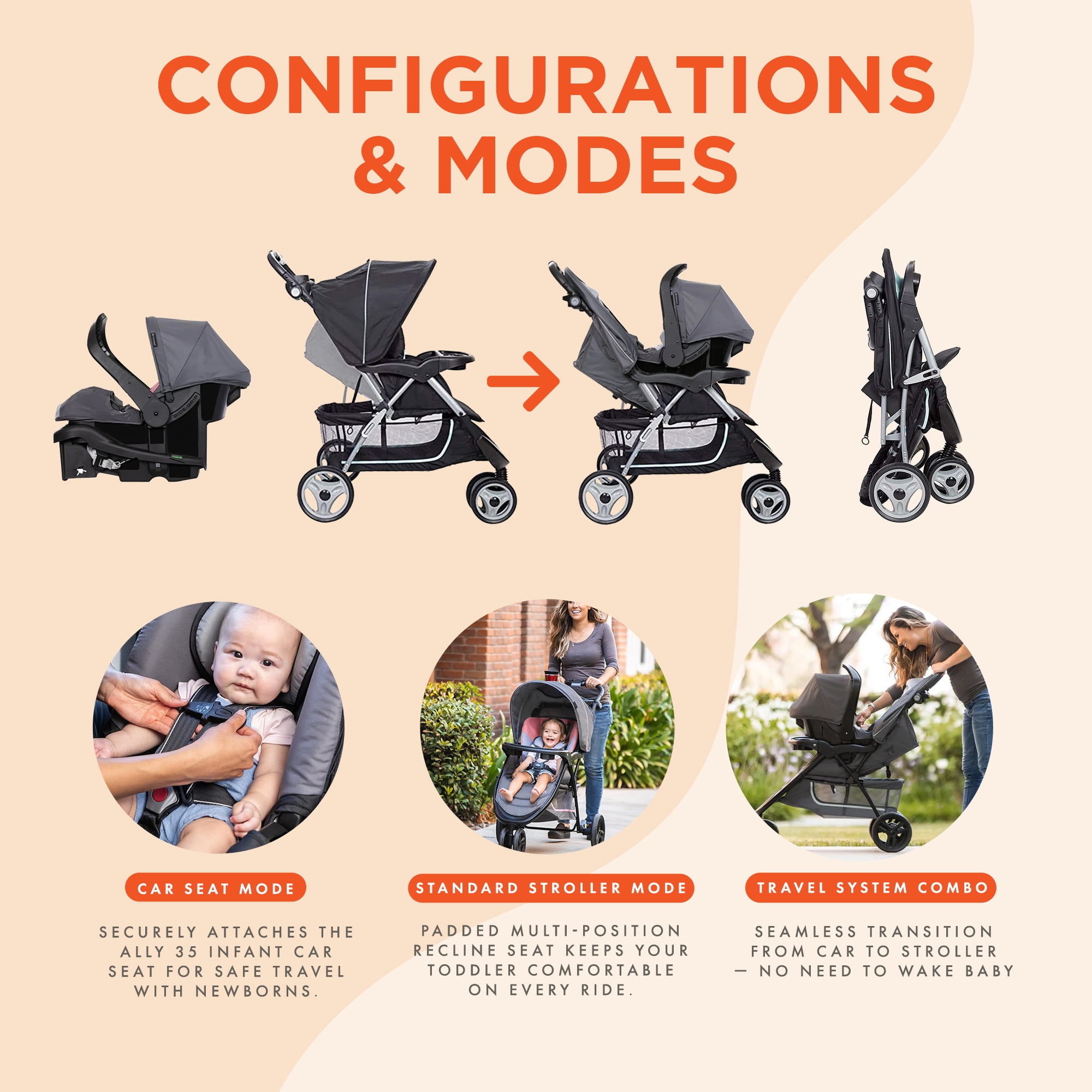 Baby Trend EZ Ride 35 Travel System Stroller Car Seat Combo for Baby, Doodle Dots - Image 3