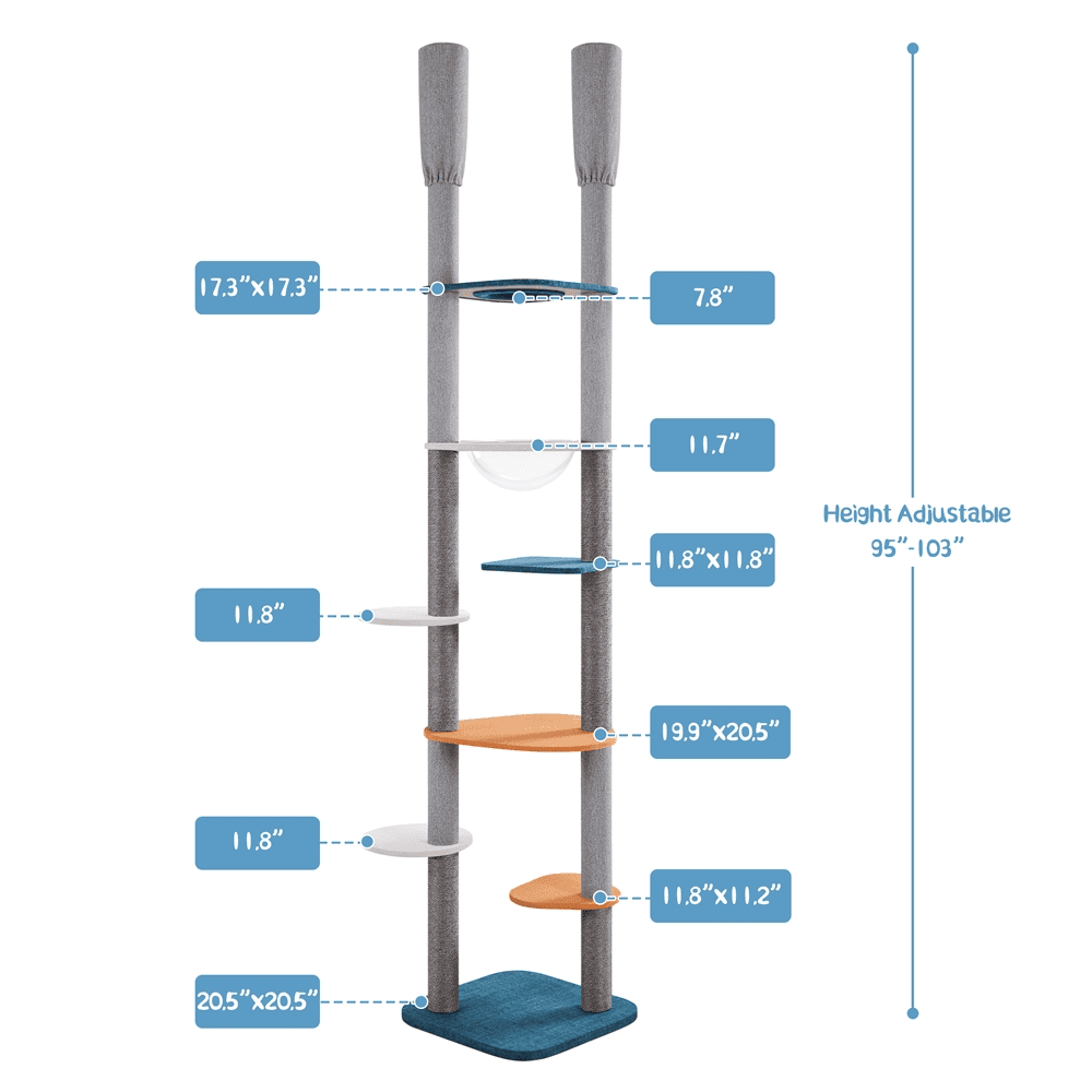 Alden Design 8-8.6ft Floor-to-Ceiling Cat Tree with Clear Cat Bed & 6 Scratching Posts, Blue/Orange - Image 5
