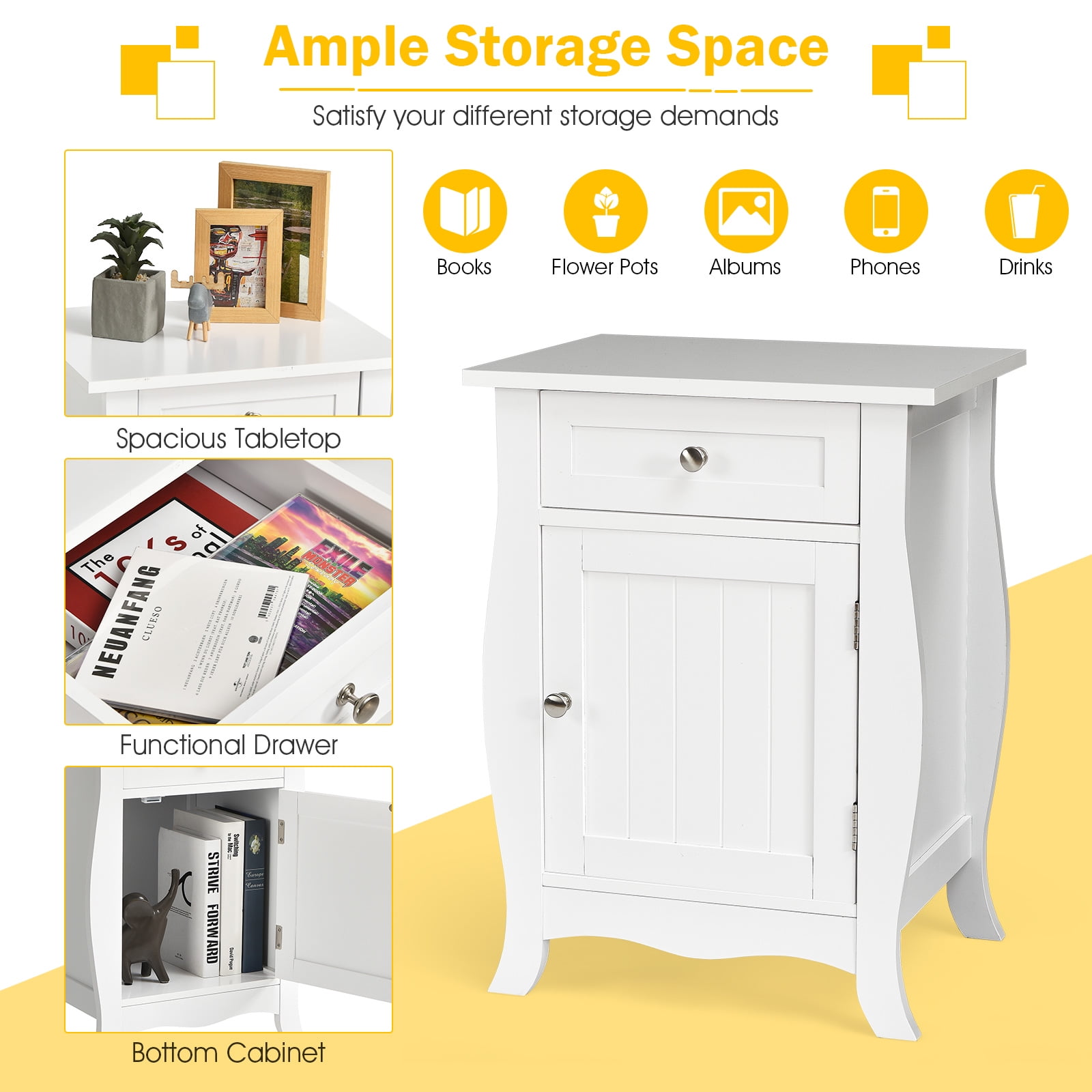 Giantex End Table Accent Storage Floor Cabinet, Wooden Nightstand with Drawer and Single-Door Cabinet, Metal Knobs, Multi-Functional Sofa Bedside Table for Living Room, Bedroom, Hallway - Image 5