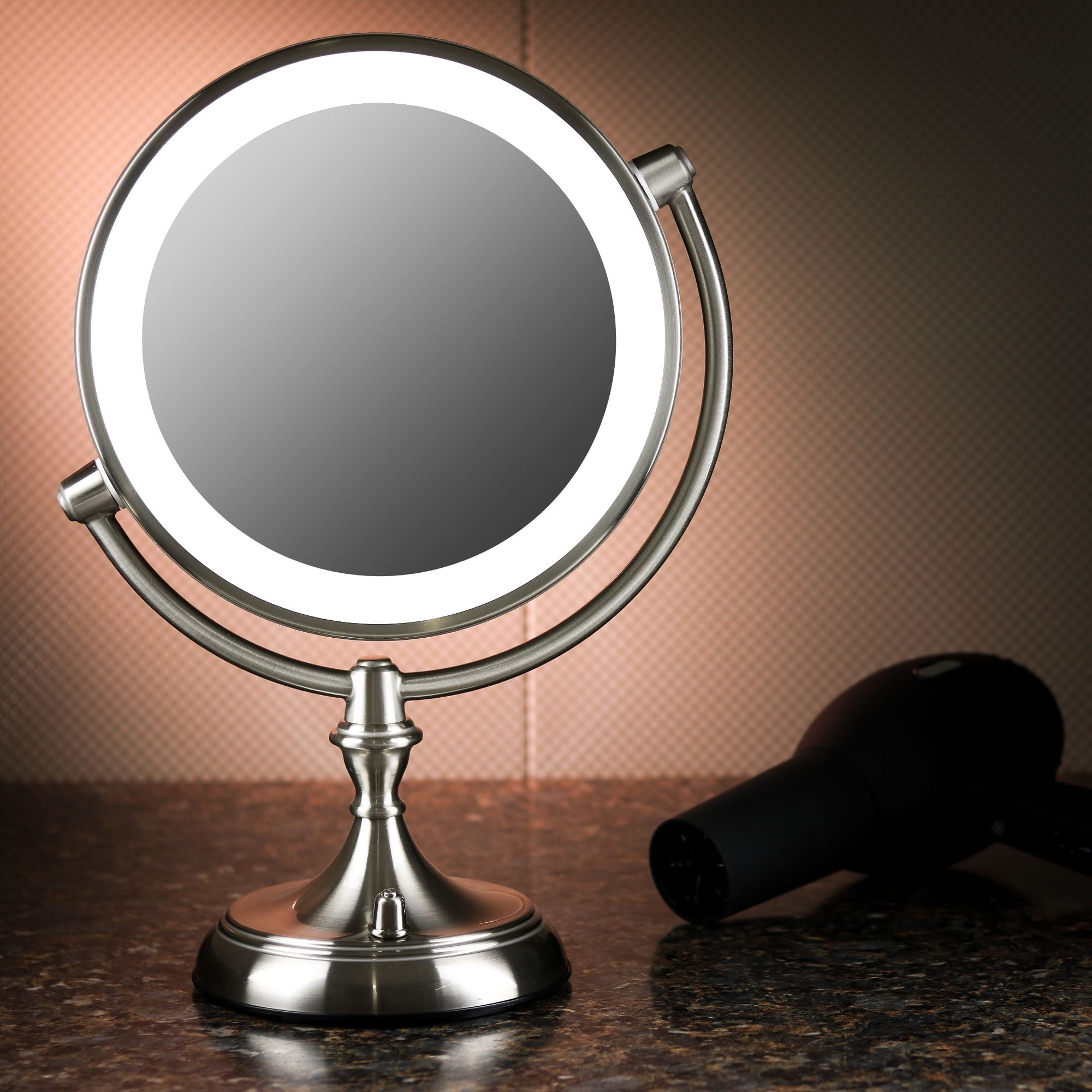 Ovente Lighted Makeup Mirror Tabletop 9.5 Inch 1X 5X Magnifier Dimmable 360 Degree Double Sided Spinning LED Acrylic Edge Battery USB Powered Vanity Skin Care Circle Large Nickel Brushed MGT95BR1X5X - Image 4