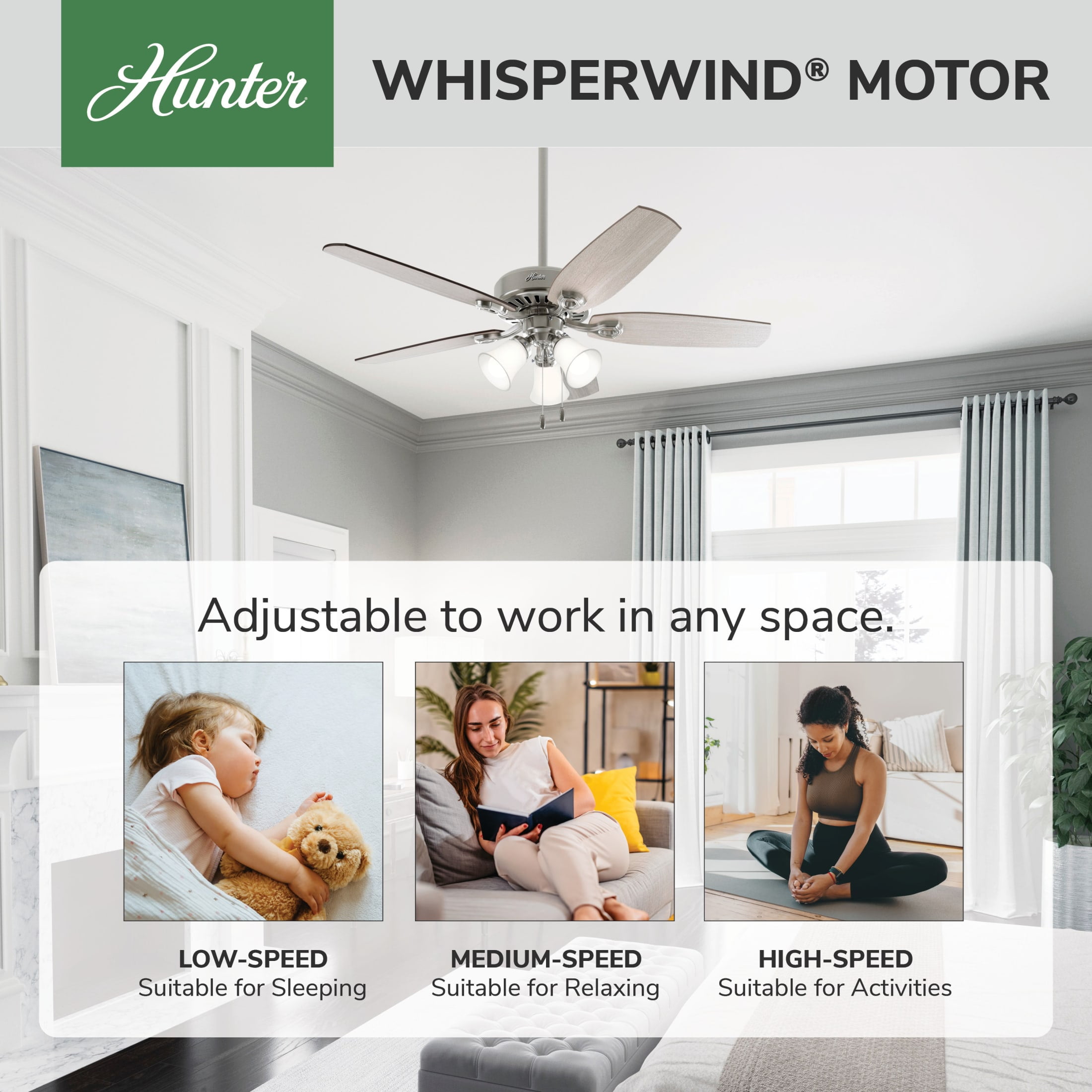 Hunter - Builder Indoor Ceiling Fan With Light, 52-inch, Brushed Nickel, Traditional-style, 3-speed WhisperWind Motor, 51111, for Living Rooms, Bedrooms - Image 8