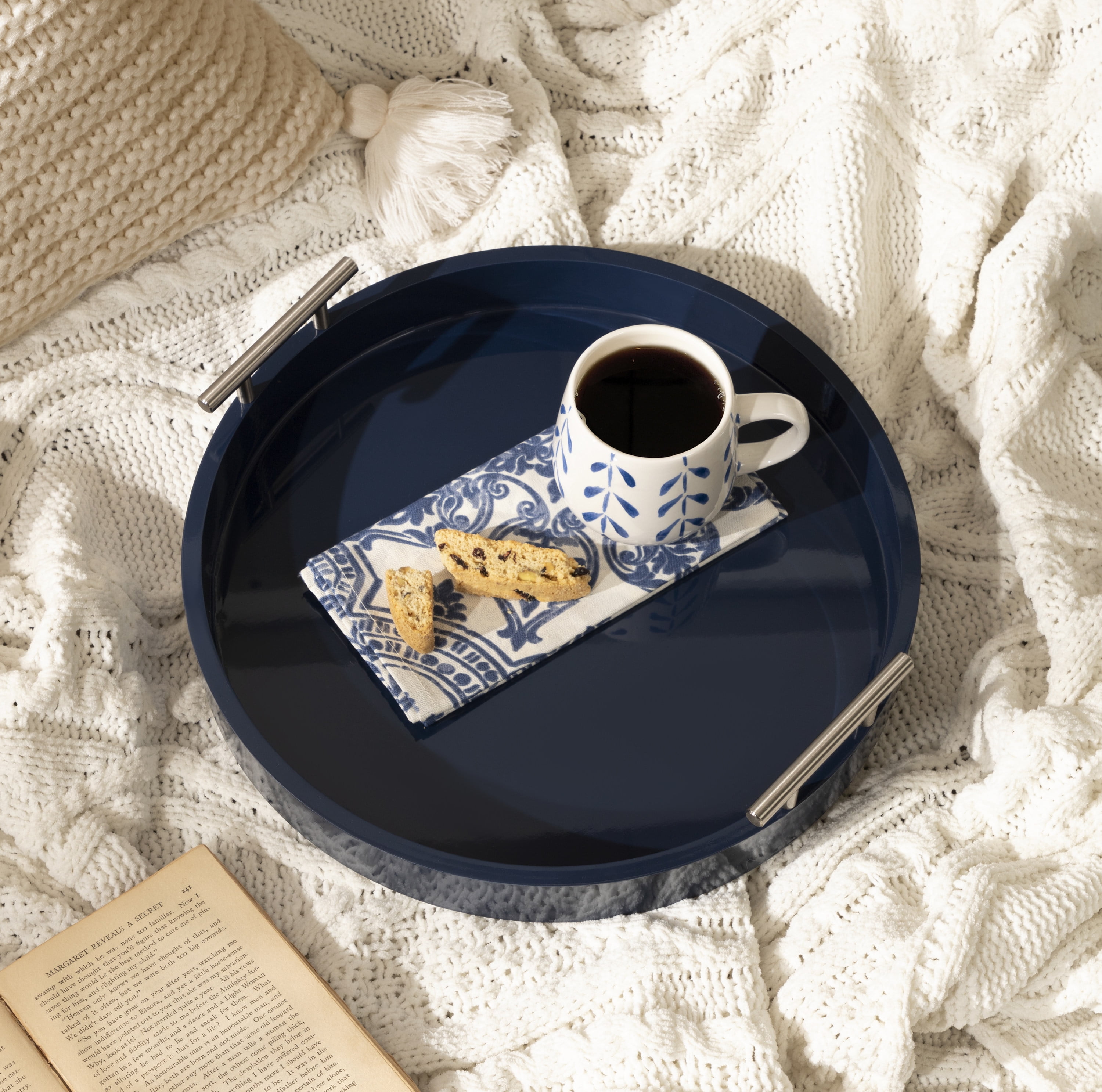 Kate And Laurel Lipton Modern Round Tray, 15.5 Diameter, Navy and Silver, Decorative Accent Tray for Storage and Display - Image 2