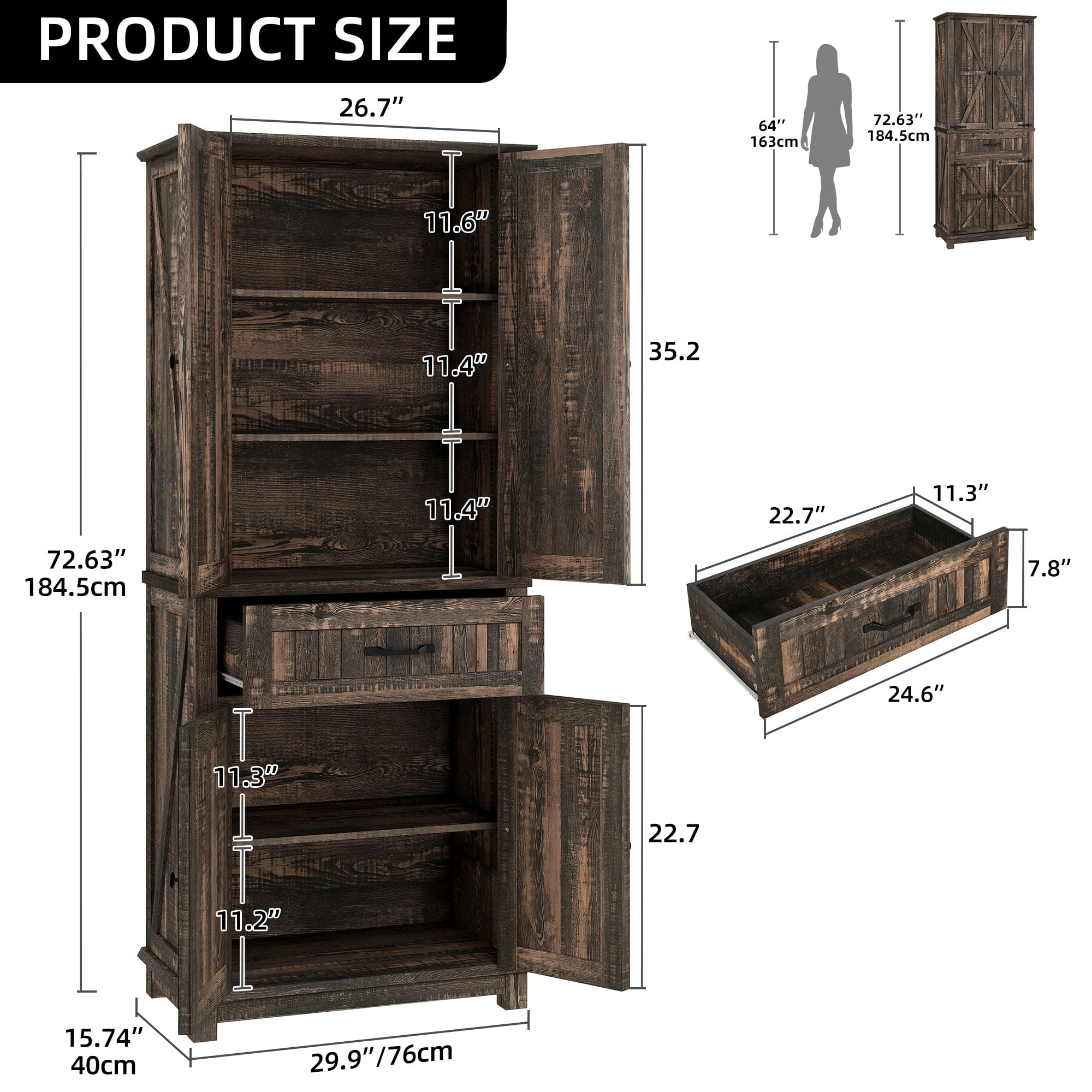 Dextrus Kitchen Pantry Cabinet with Doors and Drawer, Pantry Cabinet with Adjustable Shelves for Kitchen, Living Room, Dining Room, Dark Oak - Image 2
