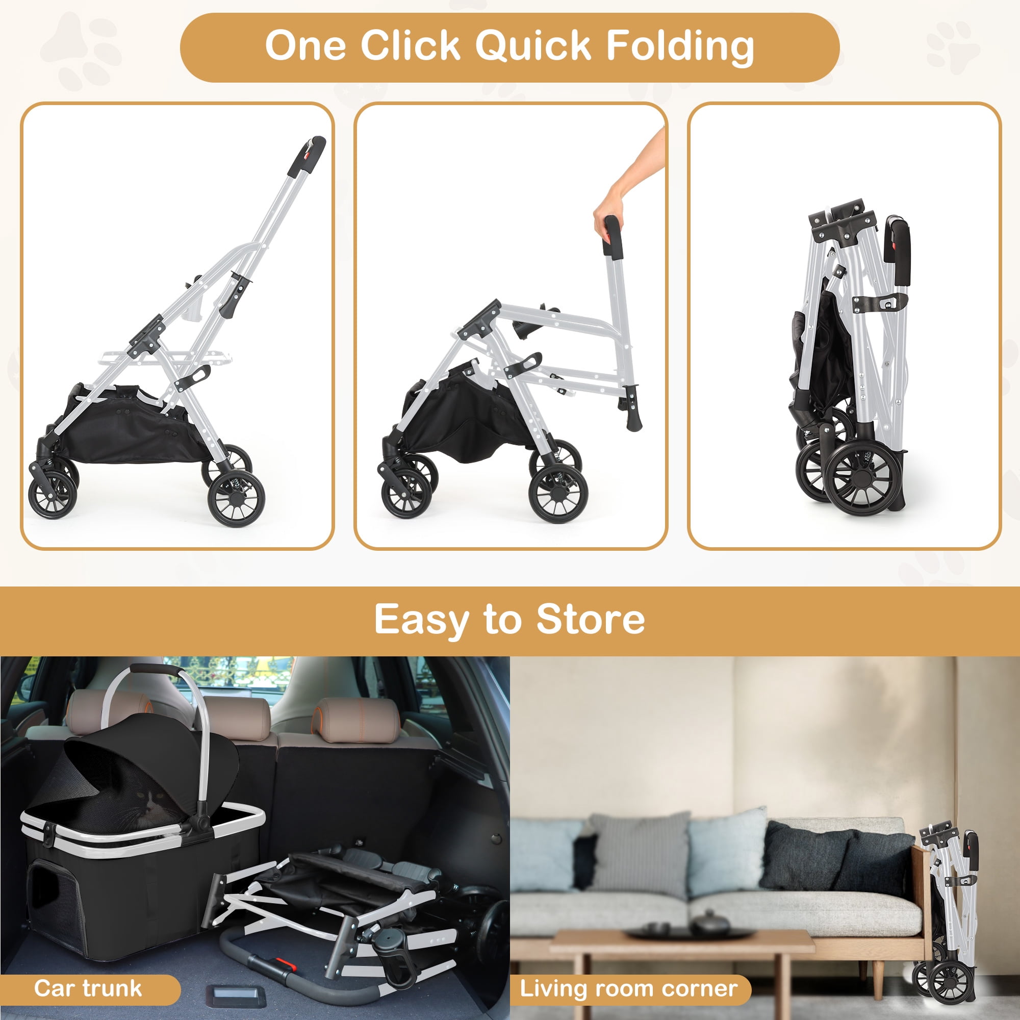 Zoolike Pet Stroller, Dog Cat Stroller 3-in-1 Detachable Doggy Stroller for Small Medium Dogs 4 Wheel Dog Travel Jogger Cart Cat Walker Foldable Wagons for Doggy Rabbit Puppy, Black - Image 7