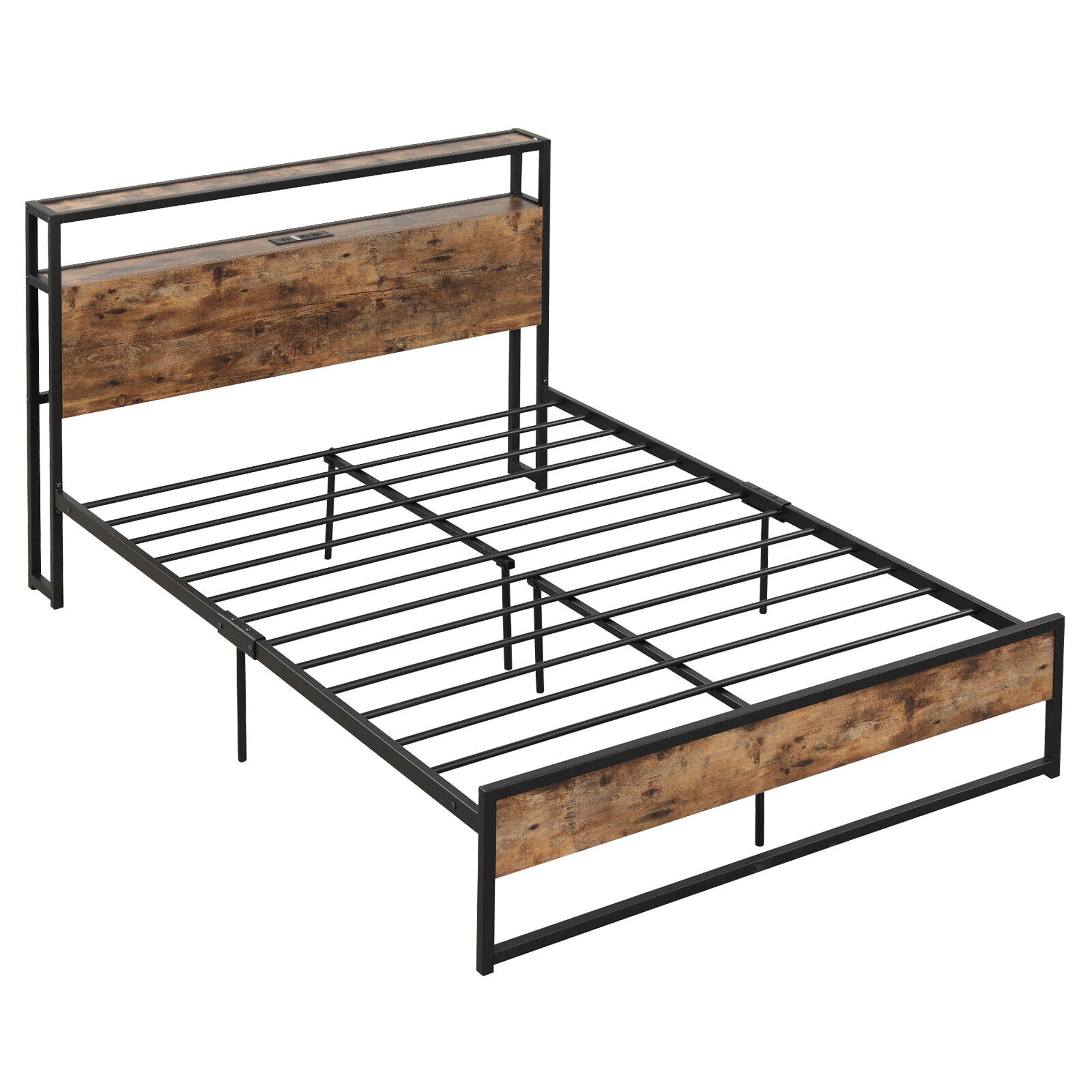 Gymax Full Size Industrial Platform Bed Frame with Charging Station Storage Headboard - Image 7