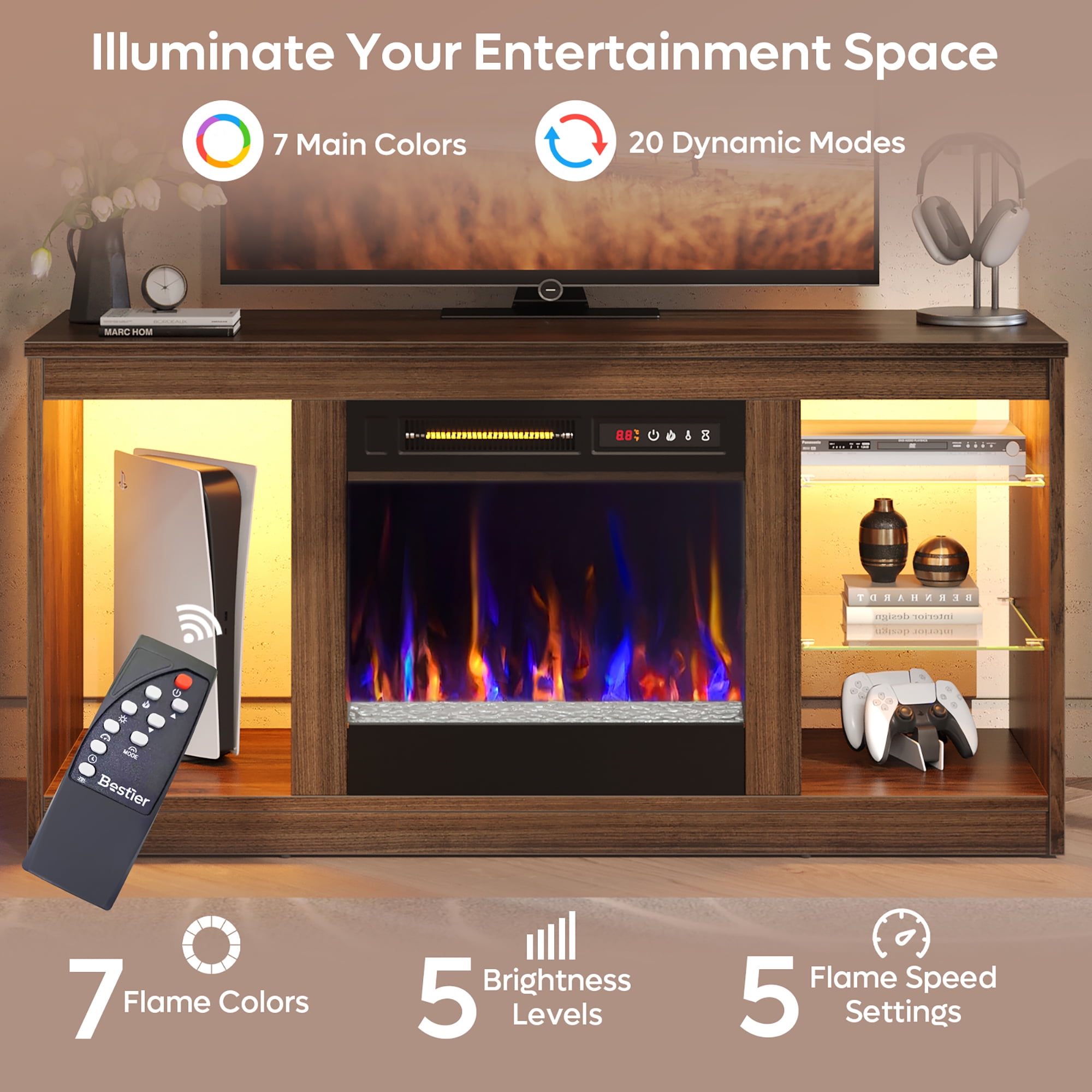 Bestier Modern Electric Fireplace TV Stand for TVs up to 55", with LED and Glass Shelves, Walnut - Image 9