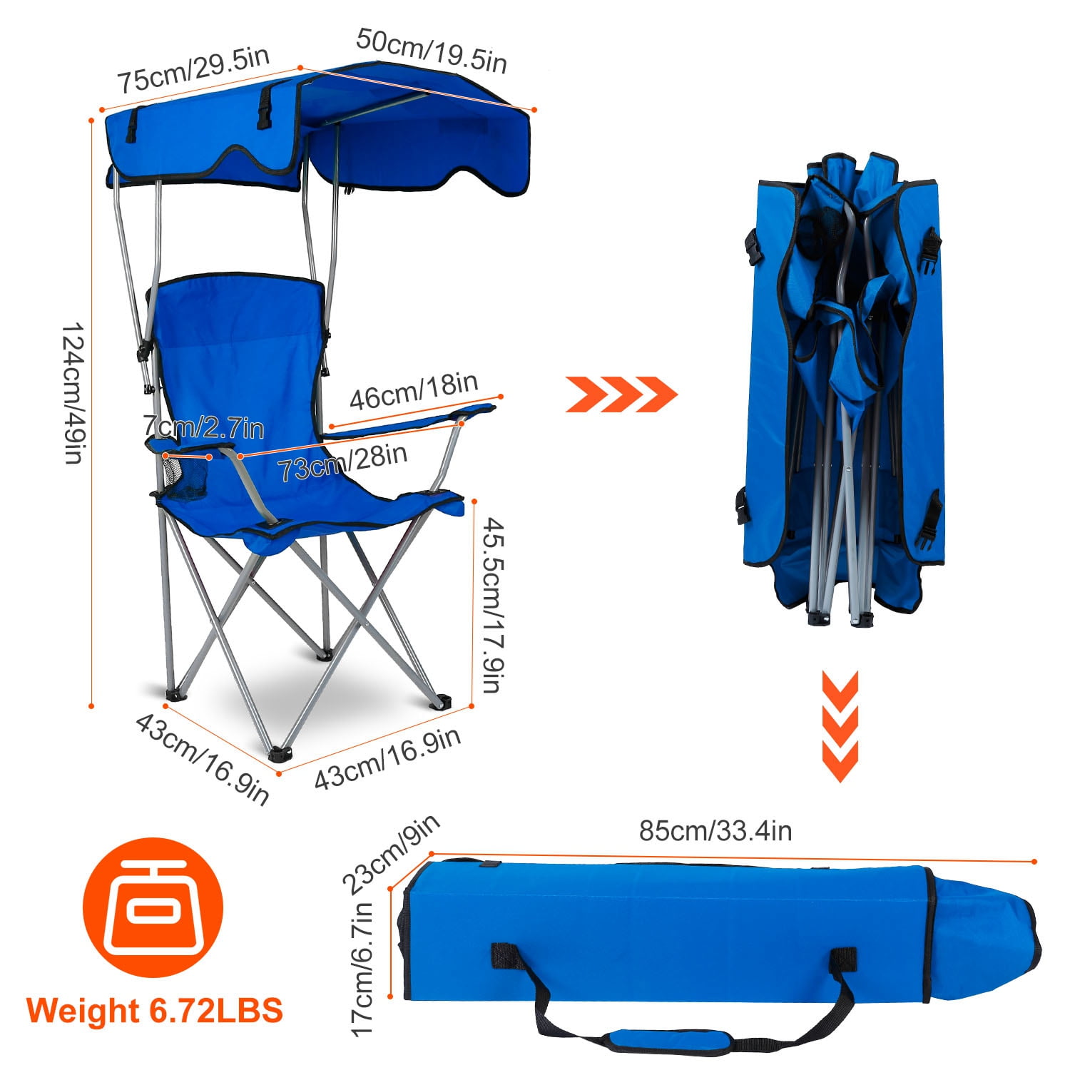Moclever Portable Camping Chair Foldable Beach Canopy Chair Sun Protection 330lbs Load with Cup Holder for Outdoor Beach Travel, Blue - Image 3