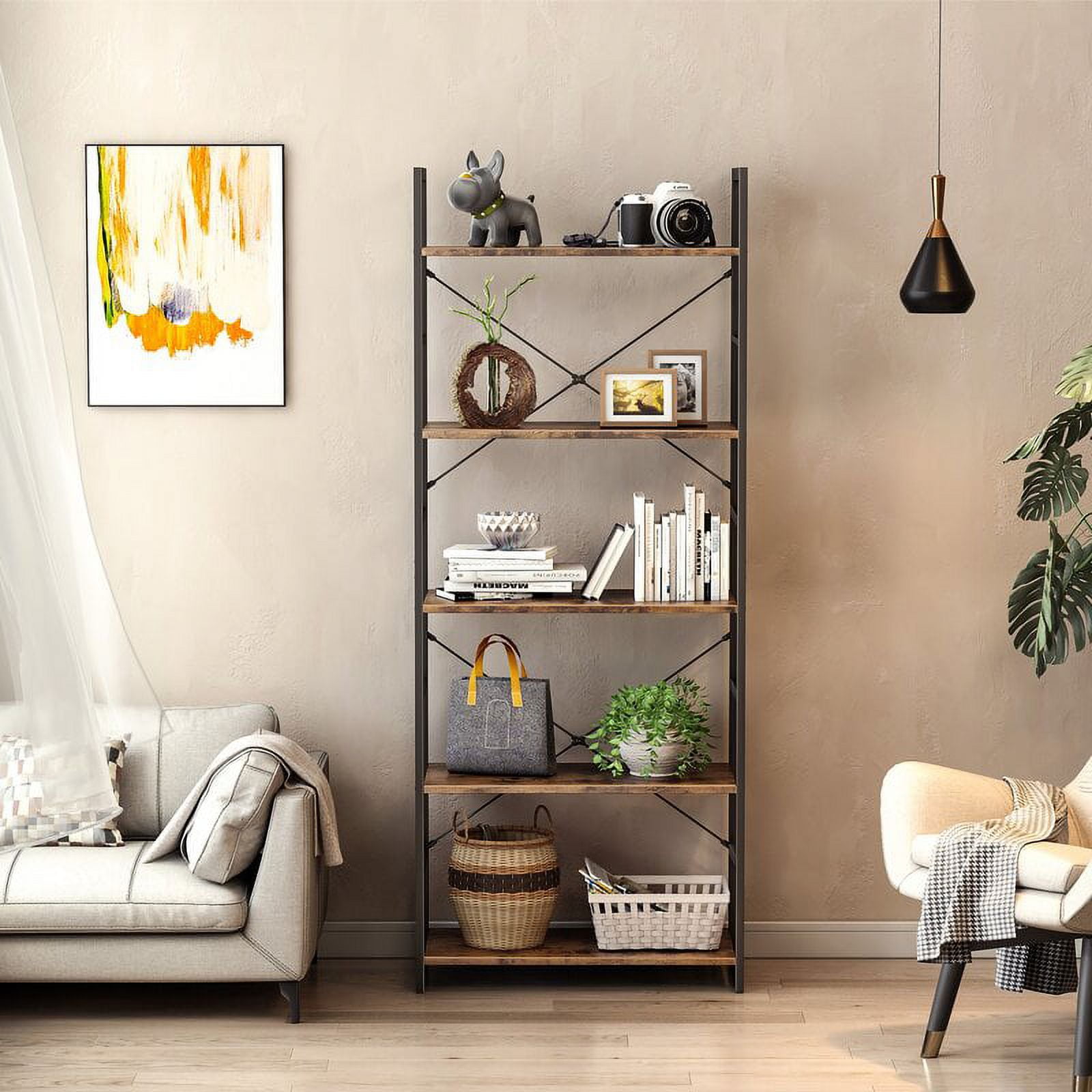 5 Tier Ladder Bookshelf, Industrial Open Bookcase Storage Organizer, Modern Tall Book Shelf for Bedroom, Living Room and Home Office, Rustic Brown - Image 11