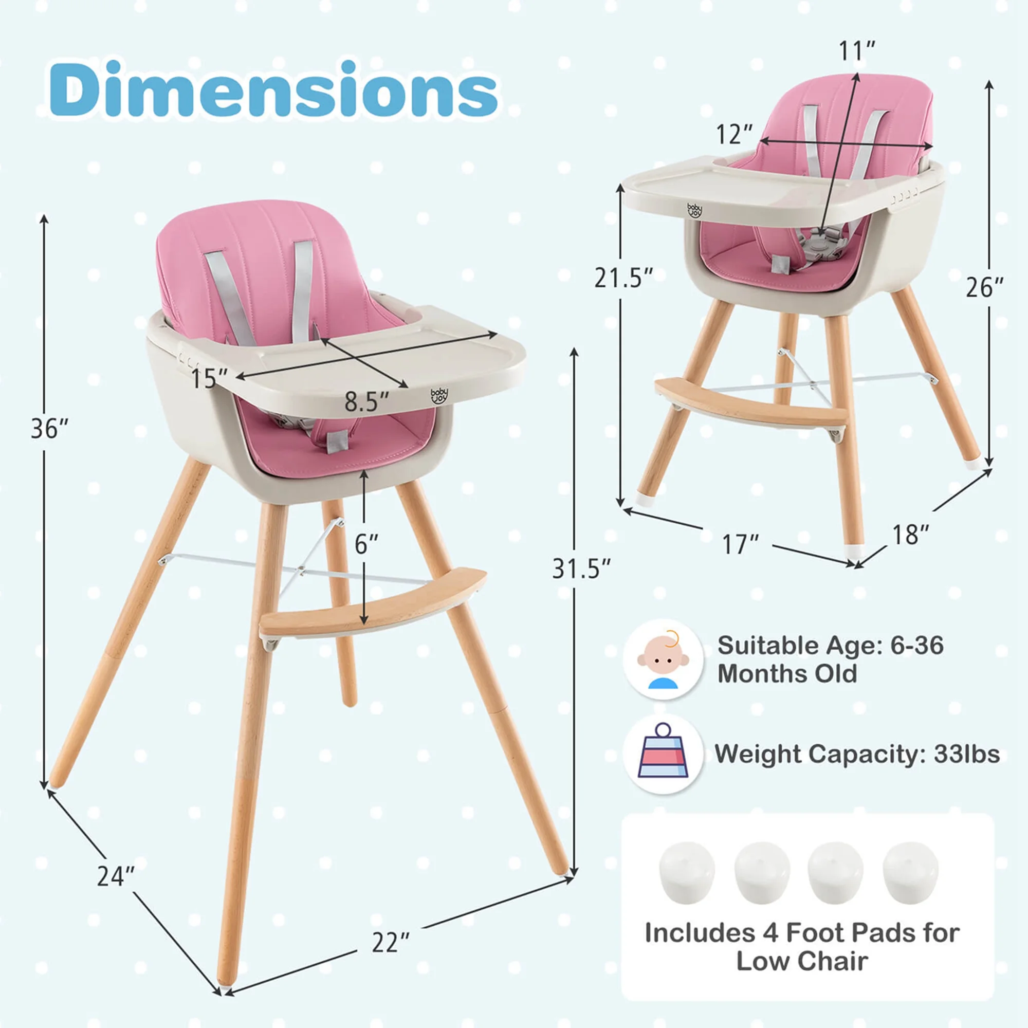 Baby joy Wooden High Chair Baby Toddler 3 in 1 Convertible Highchair w/ Cushion Pink - Image 5