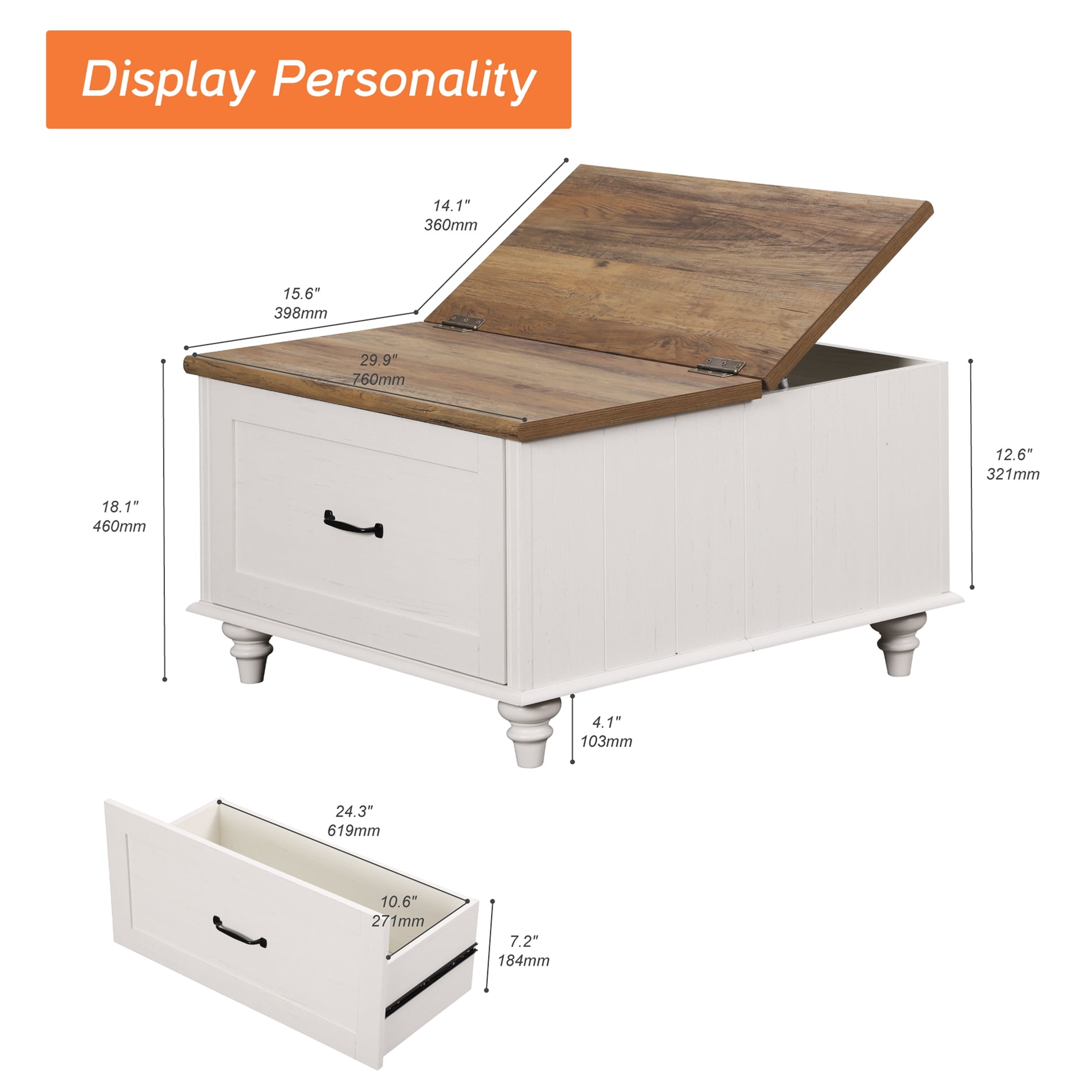 White Coffee Table with Lift Top, Square Wood Accent Tea Center Table for Living Room, White & Oak, 30 Inch - Image 2