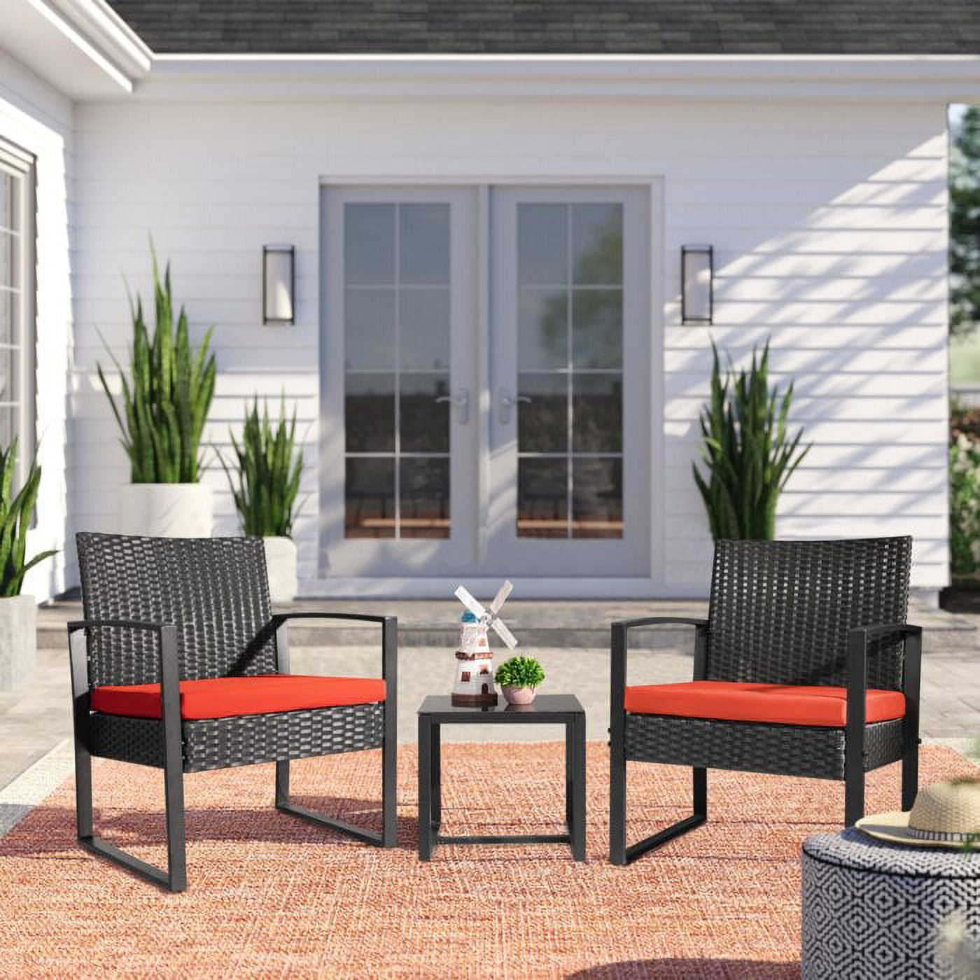 Vineego 3 Pieces Bistros Sets Outdoor Wicker Patio Furniture Sets PE Rattan Chairs Conversation Sets with table, Red - Image 12