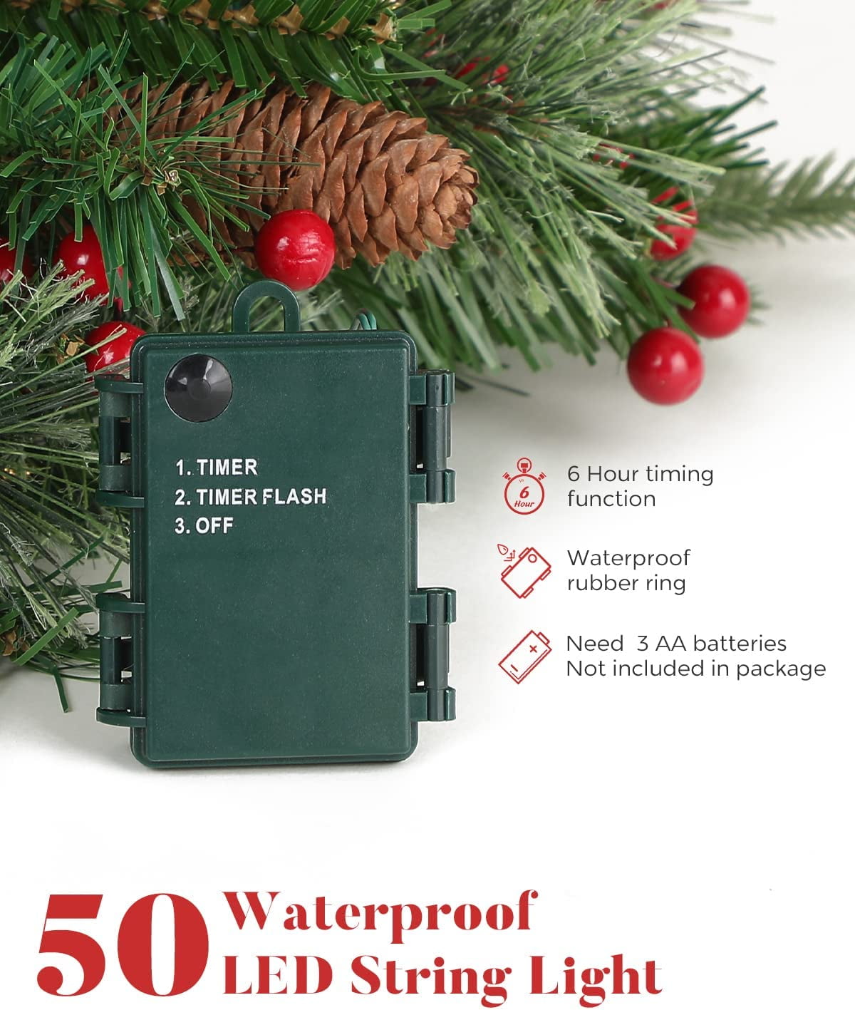 OasisCraft Outdoor Christmas Tree Frosted Urn Filler, Pre-lit Artificial Xmas Tree with Cones & Red Berries, 18 Inch Small Christmas Tree with 50 Warm Lights - Image 2