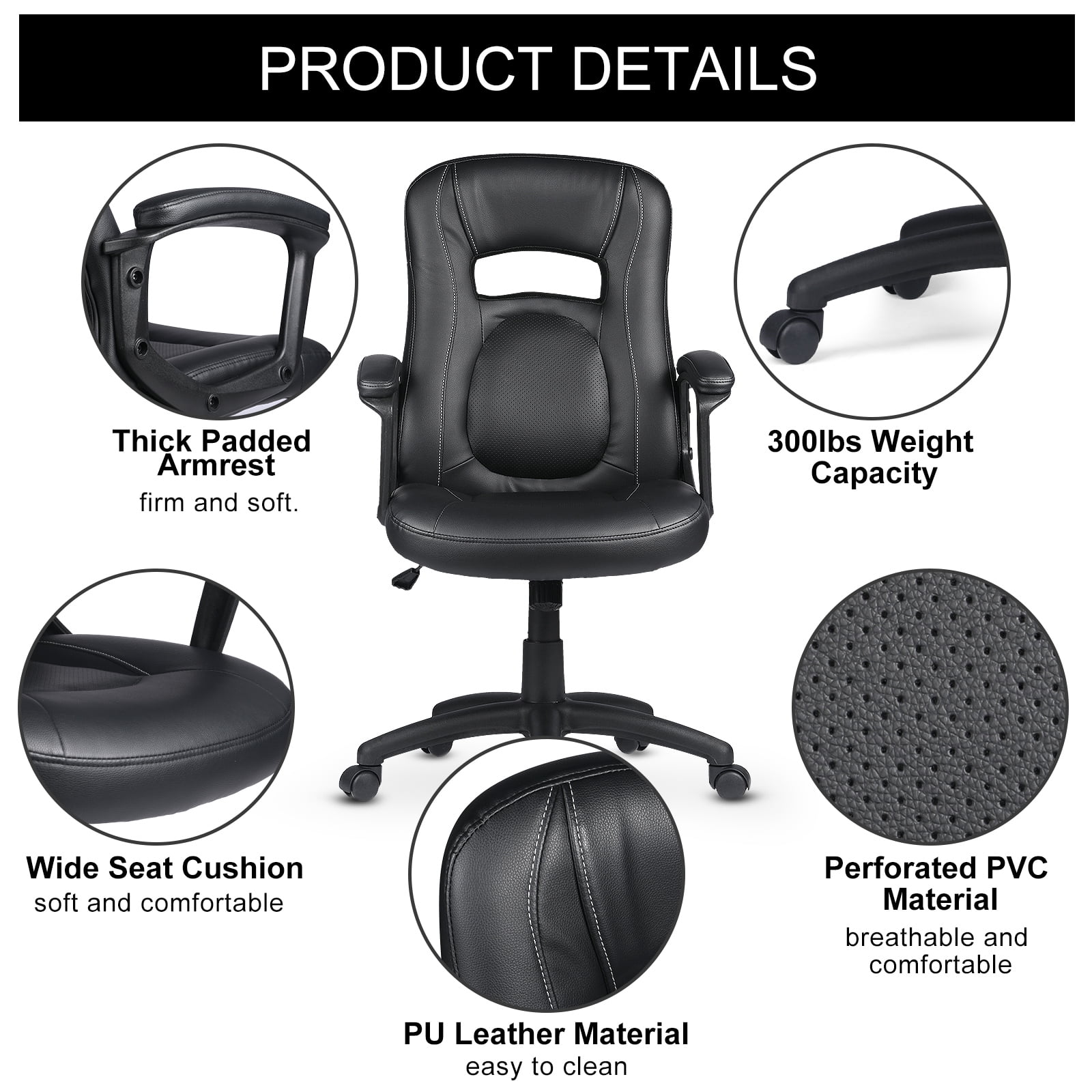 Comhoma Mid Back Ergonomic Faux Leather Executive Office Chair, Black - Image 3