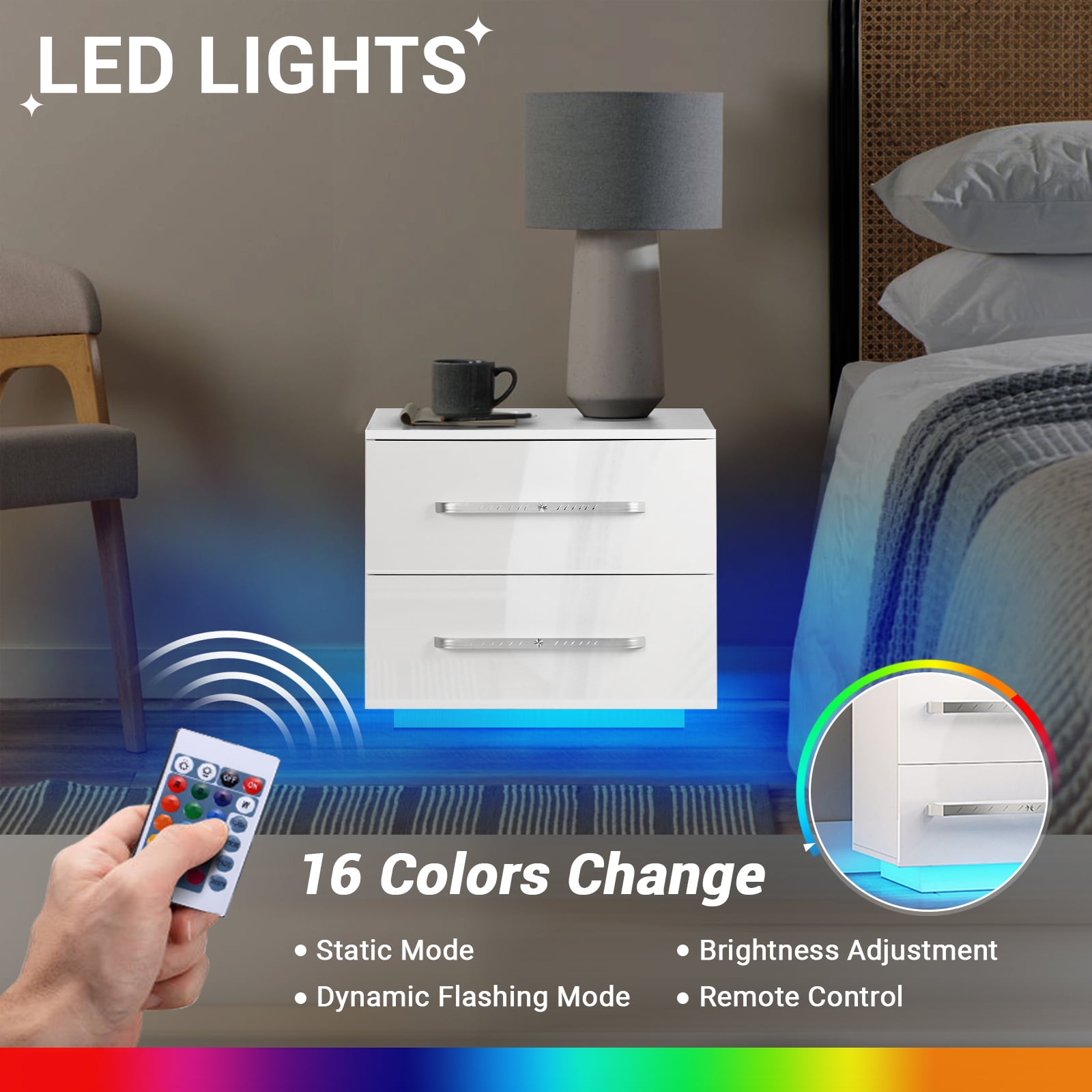 Hommpa Modern LED Nightstand with 2 Drawers High Gloss Bedside Table Led Lights White Night Stand with Handles Drawer Wooden Led End Side Table for Bedroom 19.7" Tall - Image 5