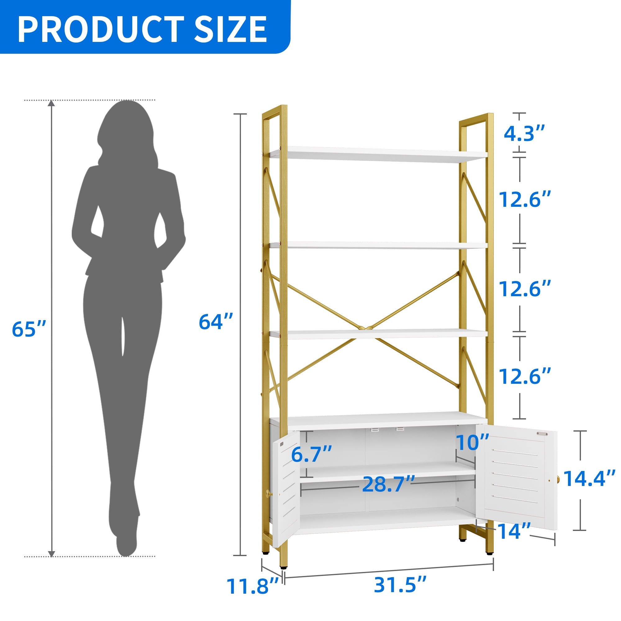 Dextrus 5 Tiers Bookshelf and Bookcase, Freestanding Book Shelves Display Rack with Storage Cabinet for Bedroom Living Room Office,White&Gold - Image 3