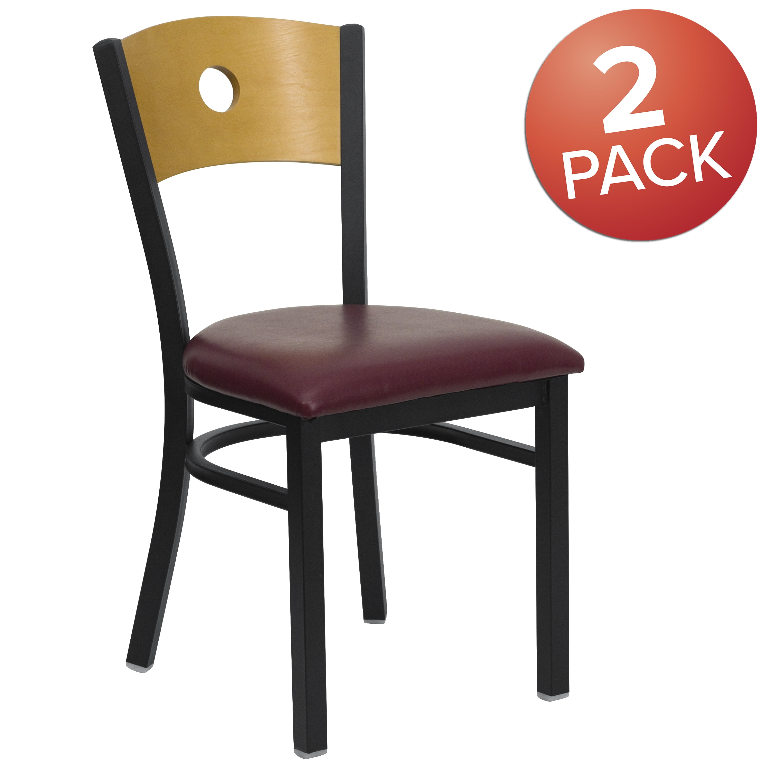 Flash Furniture 2 Pk. HERCULES Series Black Circle Back Metal Restaurant Chair - Natural Wood Back, Burgundy Vinyl Seat - Image 2