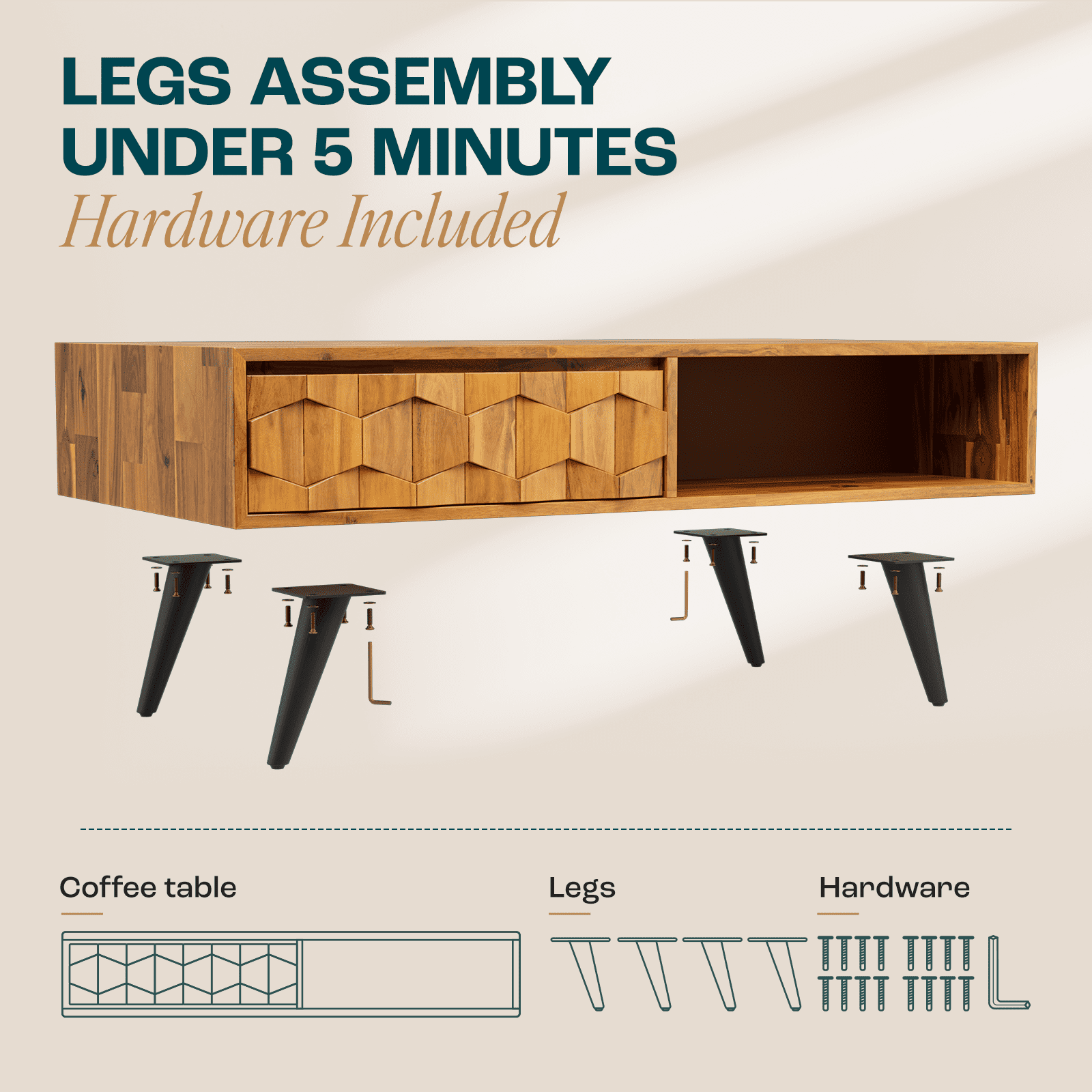 Patronza Solid Wood Coffee Table 2 Alternate Drawers, Autumn - Image 4