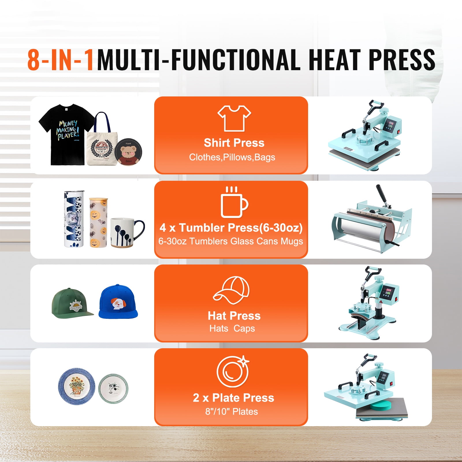 SKYSHALO Heat Press Device, 15x15 inch, Multifunctional 8 in 1 Heat Application Machine, Includes 6-30 oz Cup Press, 360° Rotating T-Shirt Application, Accurate Digital Settings, Suitable for T-Shirts - Image 2