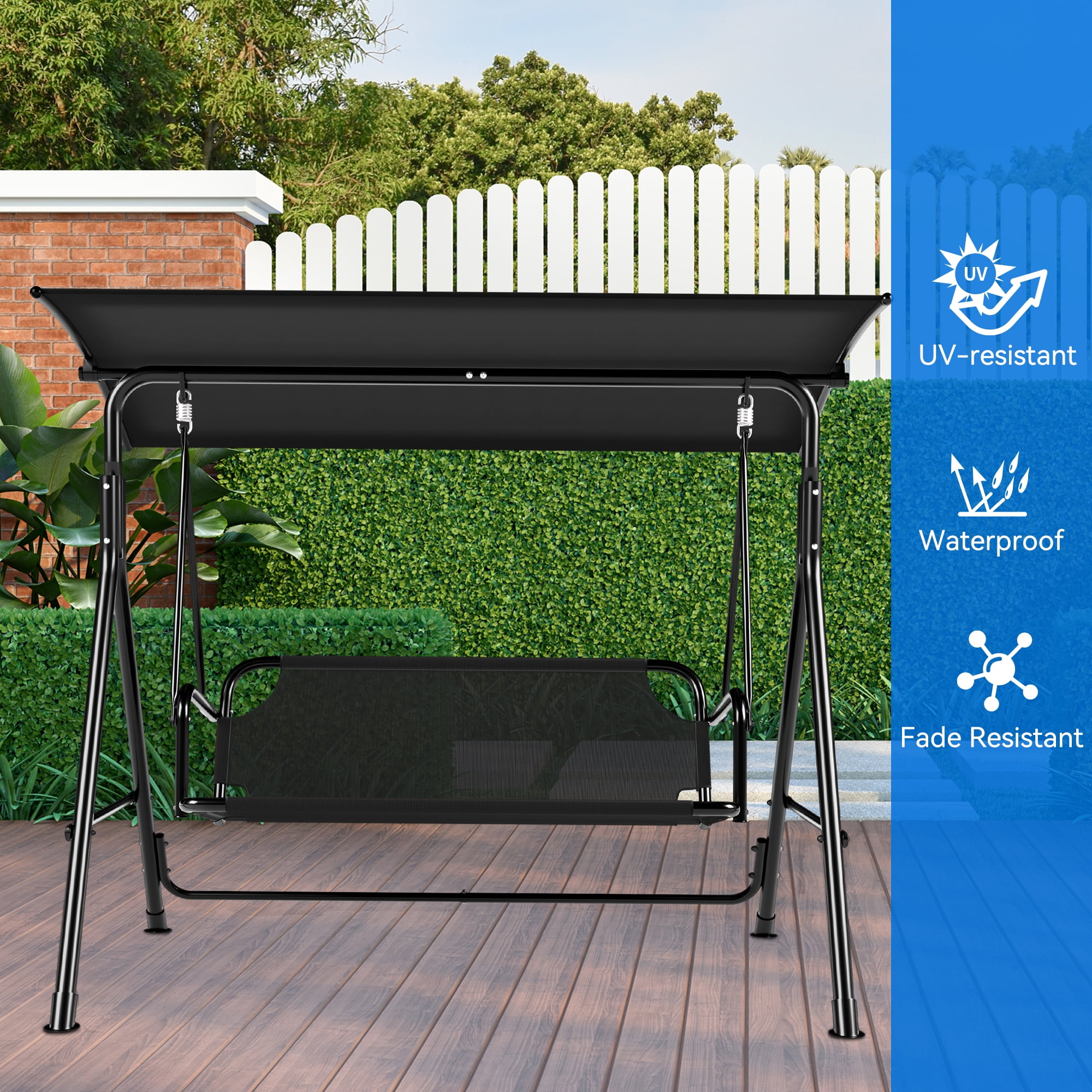 Uforic 3 Person Porch Swing Heavy Duty Outdoor Patio Swing Chair with Adjustable Canopy Weather Resistant Steel Frame for Garden, Lawn, Balcony, Black - Image 3