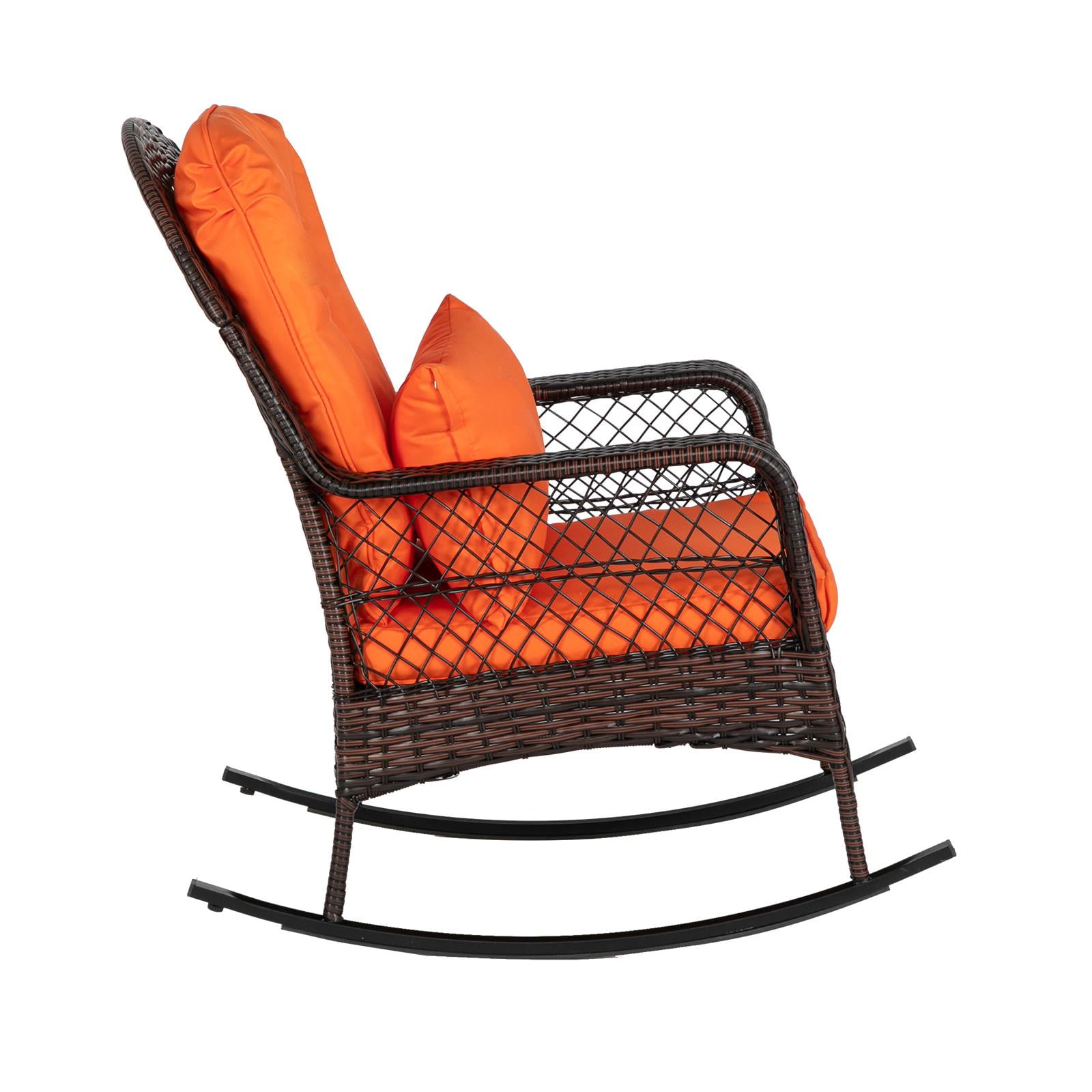 Zimtown Outdoor Wicker Rocking Chair Rattan Outdoor Patio Yard Furniture, Outdoor Rocking Chair w/ Thick Cushion, Wicker Rocker, Orange - Image 8