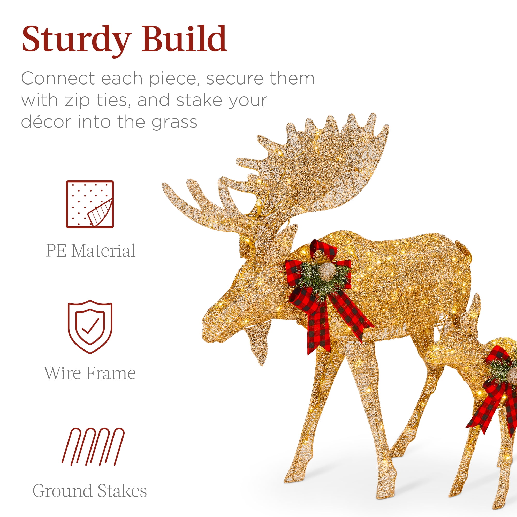 Best Choice Products 2-Piece Moose Family Lighted Christmas Yard Decor Set w/ 170 LED Lights, Stakes, Zip Ties - Gold - Image 2