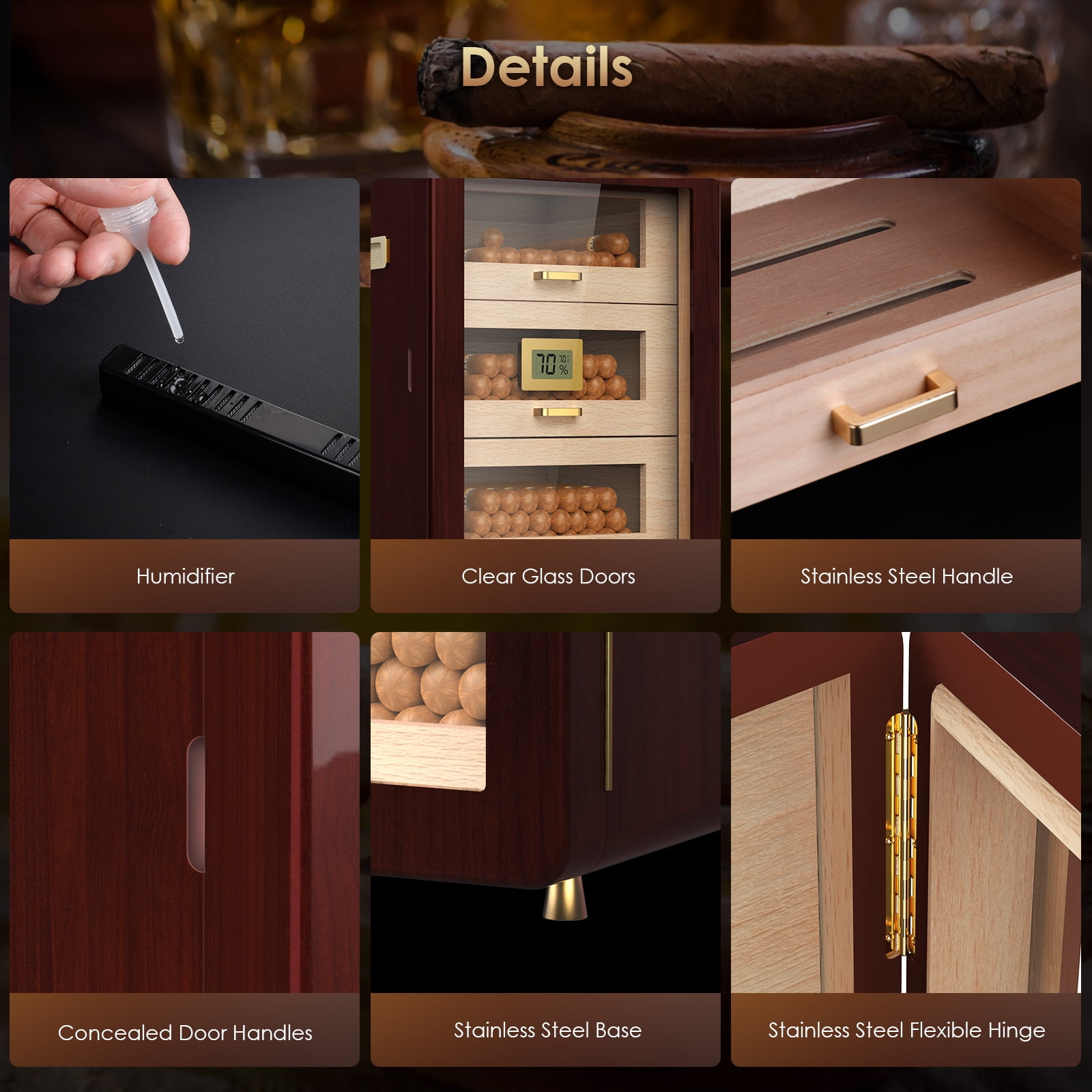 Rocita Cigar Humidor Cabinet for 100 to 150 Cigars with Spanish Cedar Lining, Tight-Seal Magnetic Door, 3 Large Capacity Drawers, Gift for Cigar Lovers - Image 5