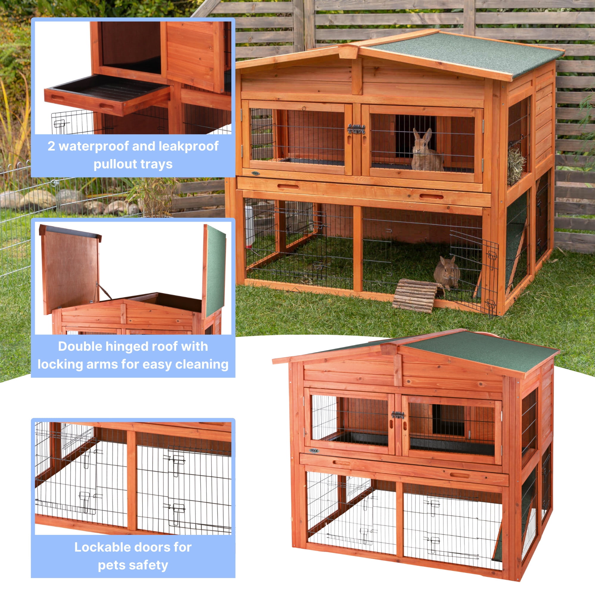 TRIXIE Deluxe Weatherproof Outdoor 2-Story Large Wooden Small Animal Hutch, Run, Tray, Brown - Image 6