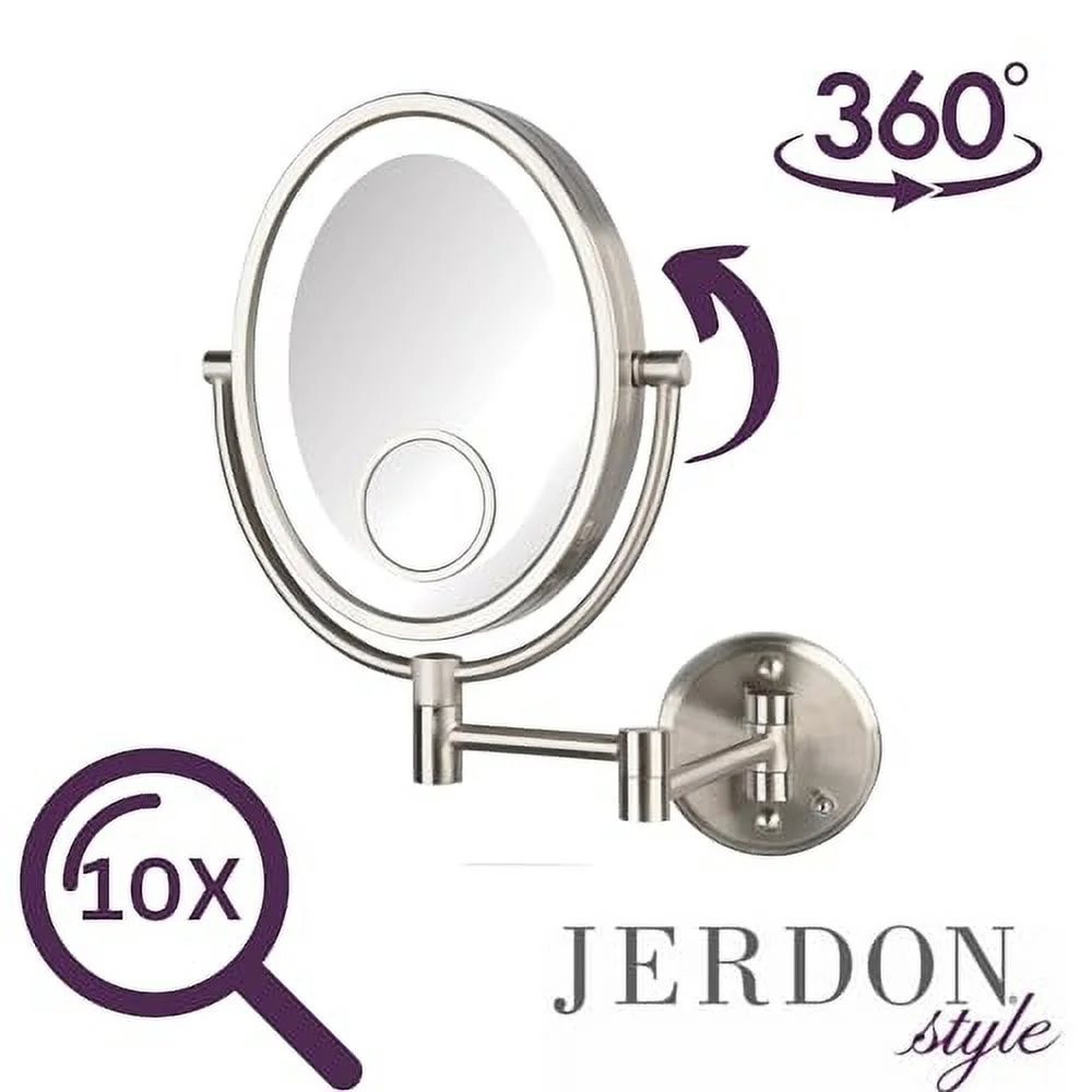Jerdon 8 inch by 10 inch Oval Wall-Mounted Lighted Makeup Mirror with 10X-1X and 15X Spot Magnification, Nickel Finish, Direct Wire -Model HL9515NLD - Image 2