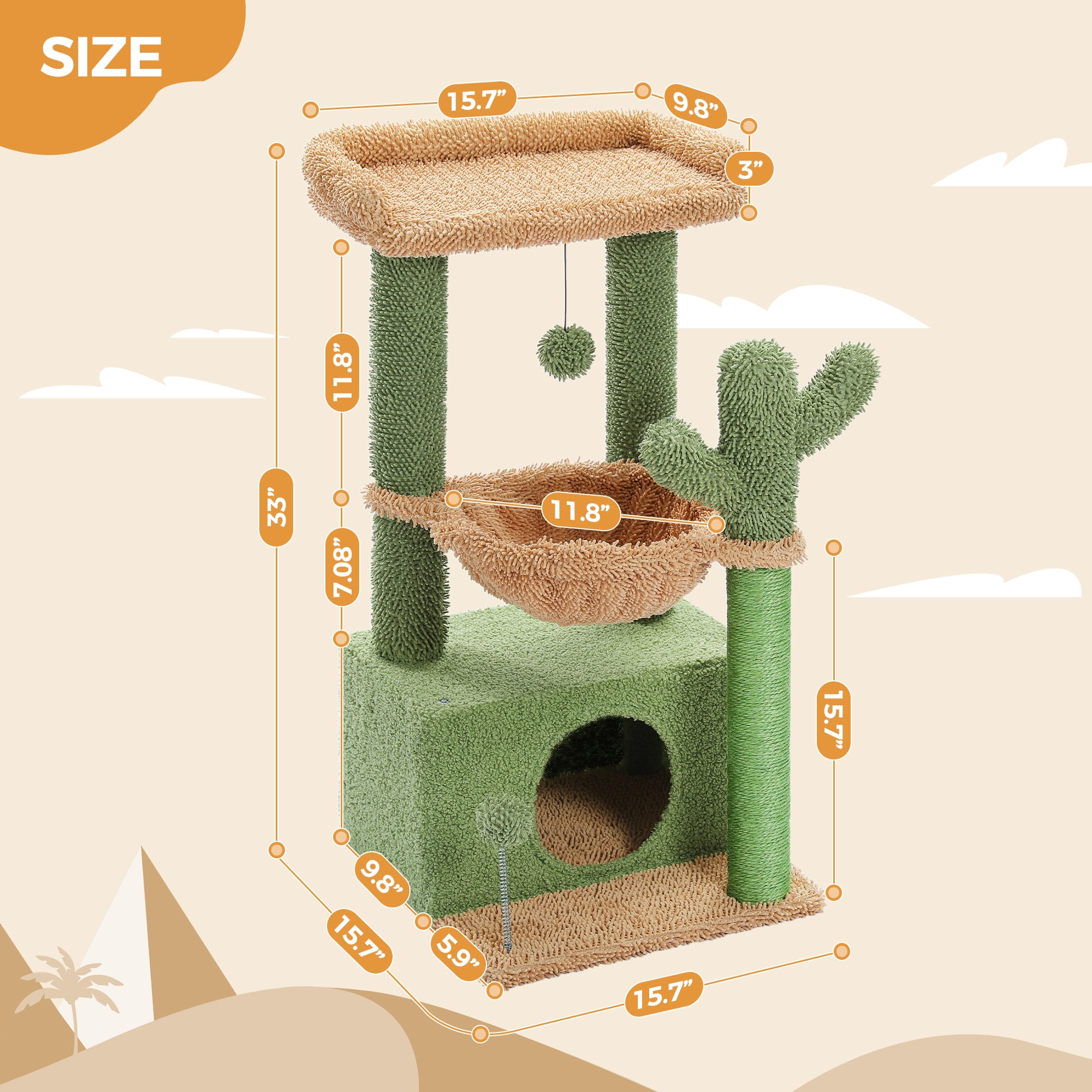 PAWZ Road Cat Tree 33" Cute Cactus Cat Scratching Posts Tower with Large Top Perch and Hammock for Medium Indoor Cats, Green - Image 6