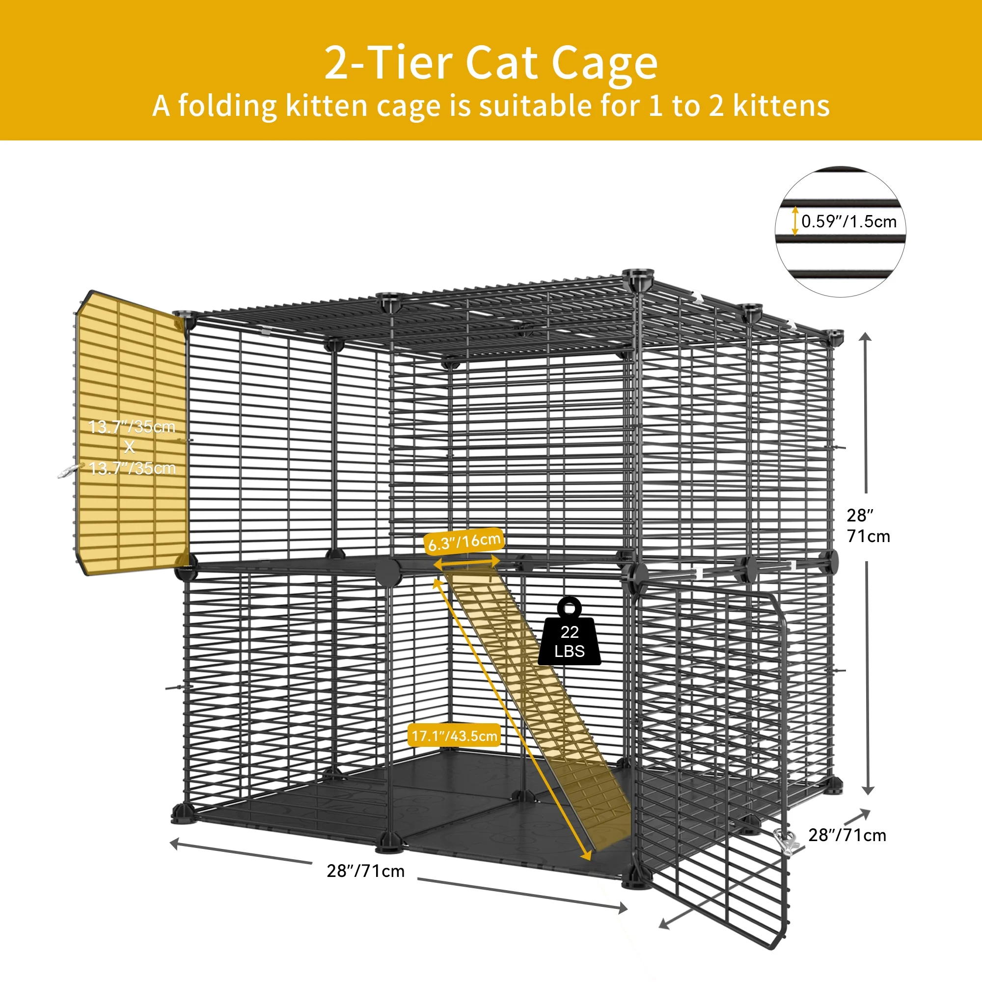 Dextrus Cat Cage 2 Tier Indoor Cat Enclosures Kitten Cage DIY Pet Playpen Metal Kennel for 1-2 Cats, Ferret, Chinchilla, Rabbit, Small Animals, Kitty, Squirrel, RV Travel, Camping - Image 3