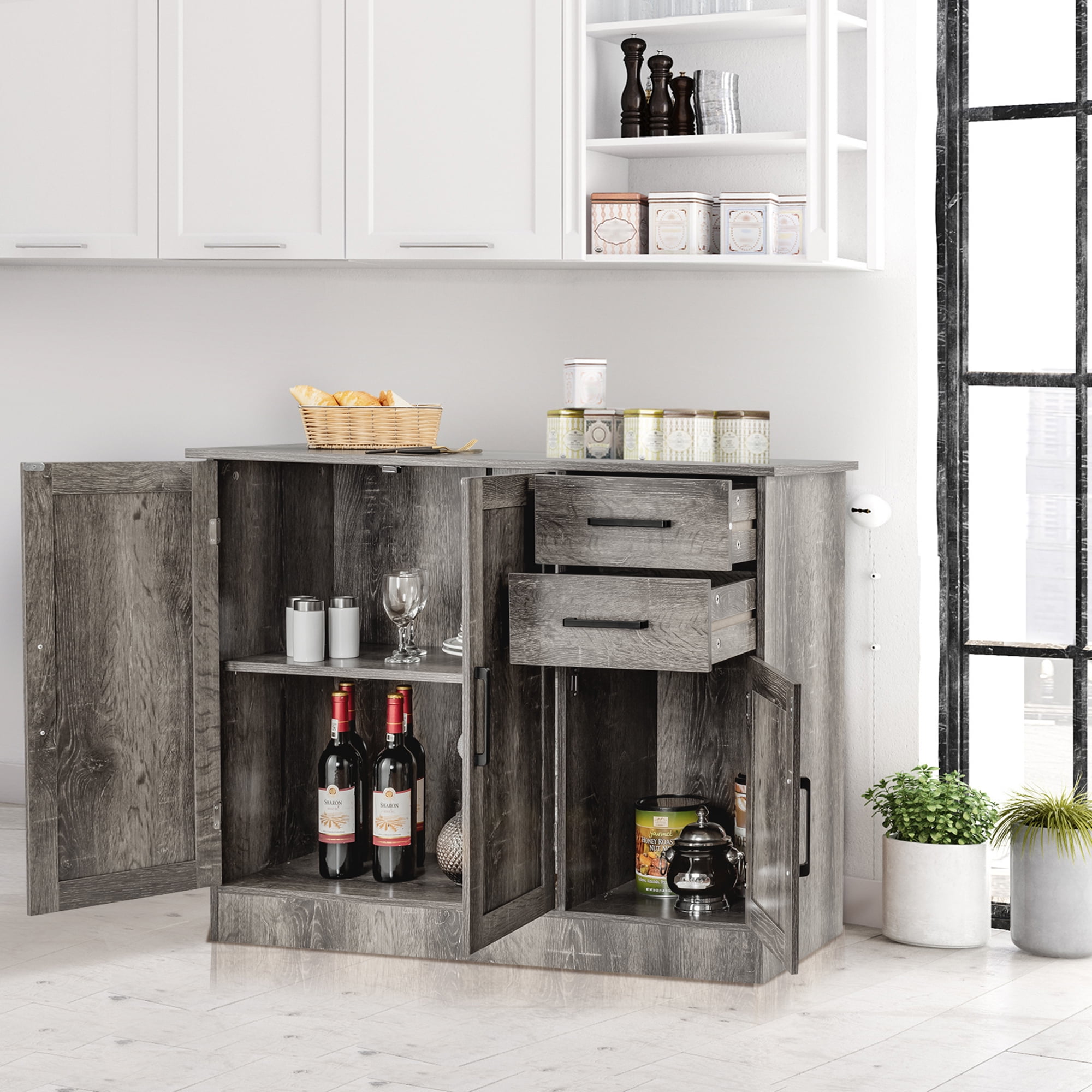 Gymax Buffet Storage Cabinet Console Table Kitchen Sideboard Drawer Grey - Image 6
