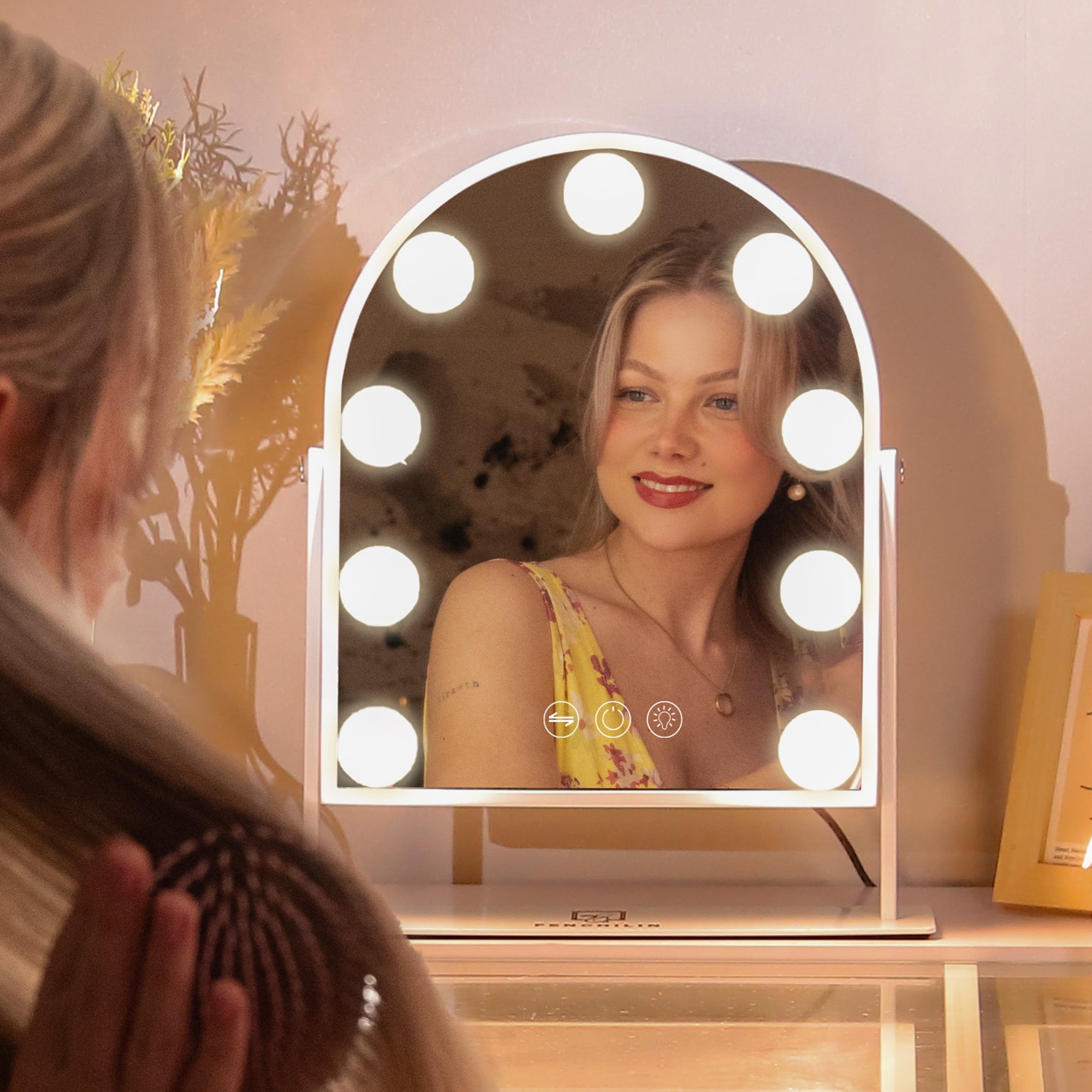 Fenchilin 12''x14'' Arch Vanity Makeup Mirror with Lights Metal Tabletop White - Image 10