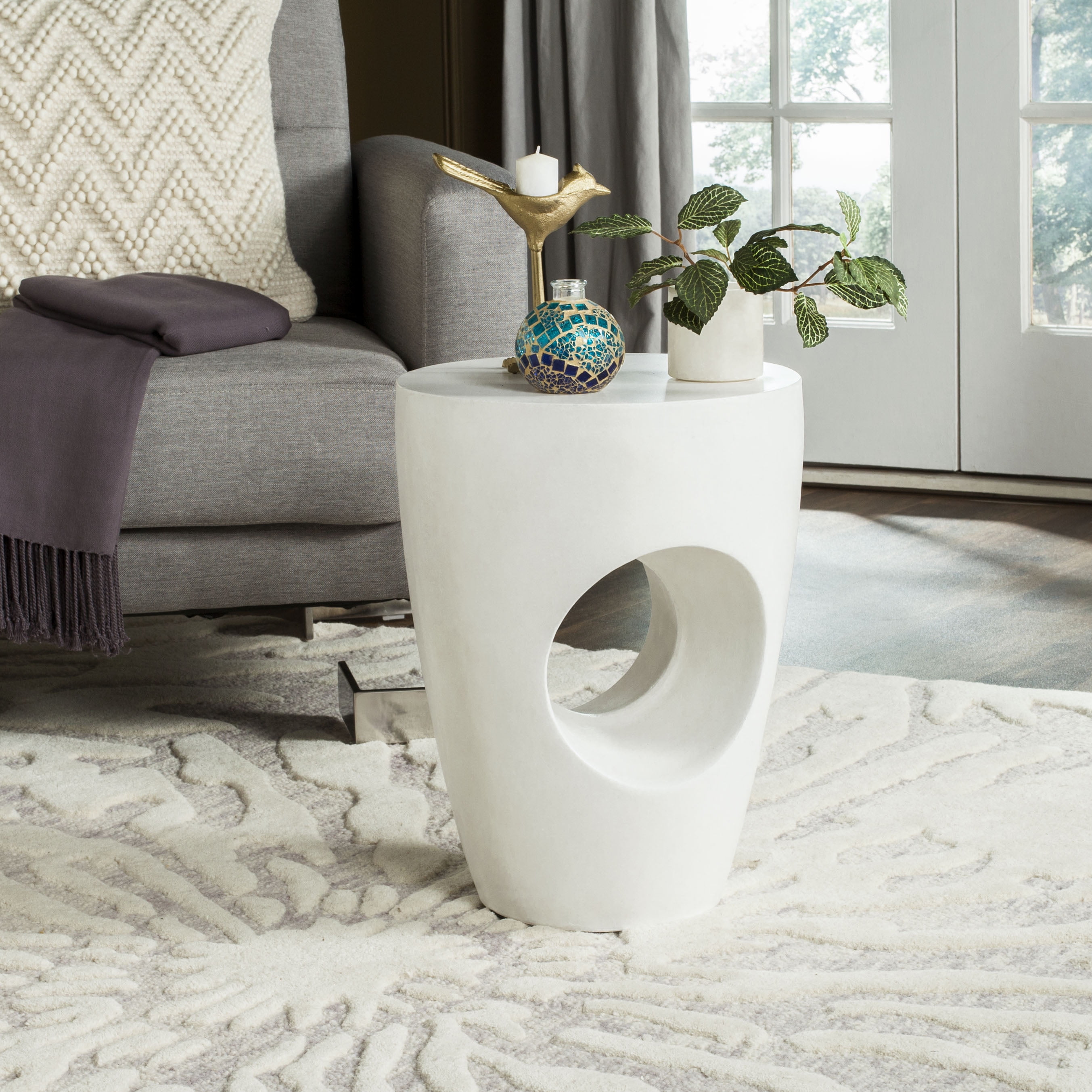 Safavieh Aishi Outdoor Modern Concrete Round Accent Table -Ivory - Image 3