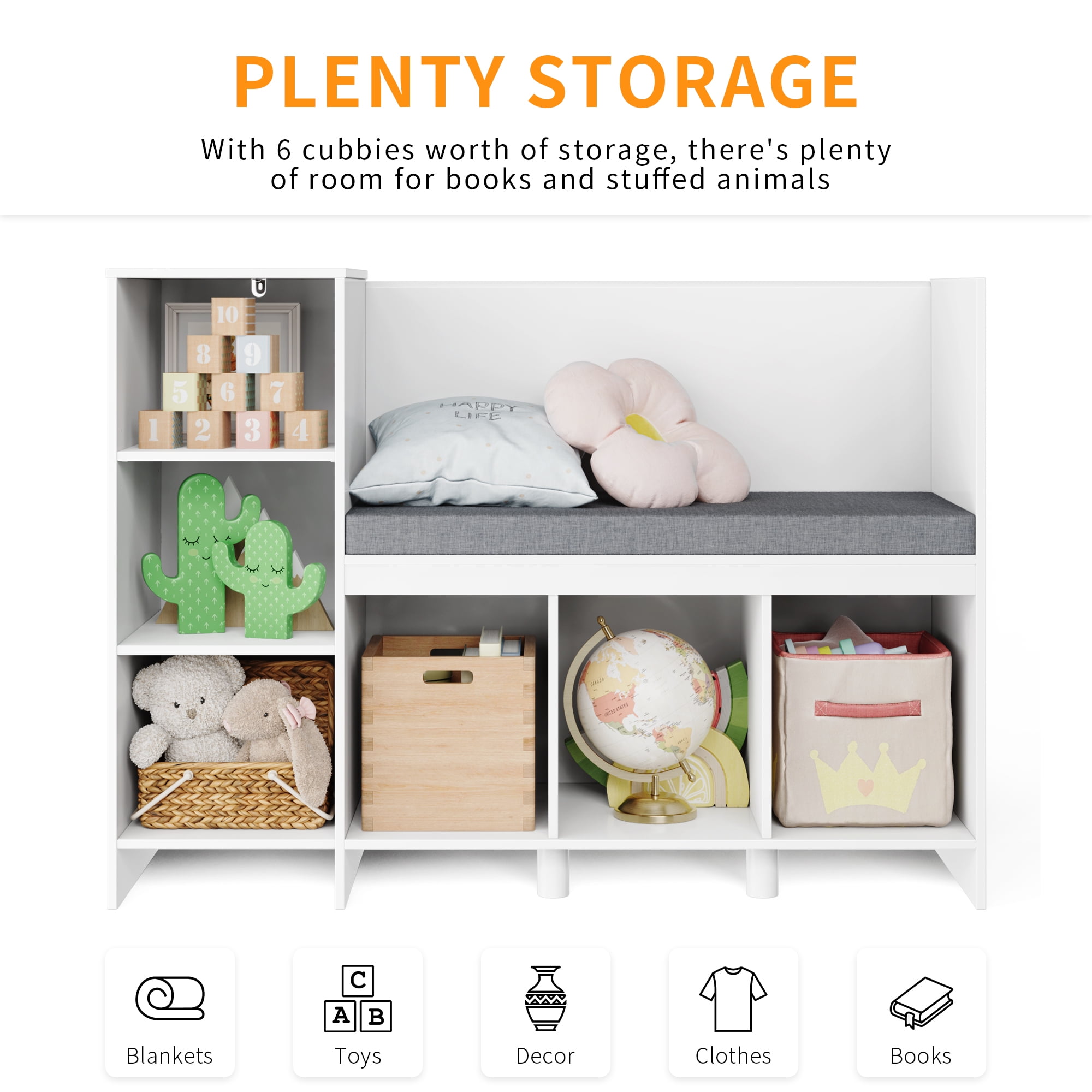 Homfa 6 Storage Cube Organizer, Open Toy Display Bookshelf with Seat for Kids Room, White Finish - Image 3