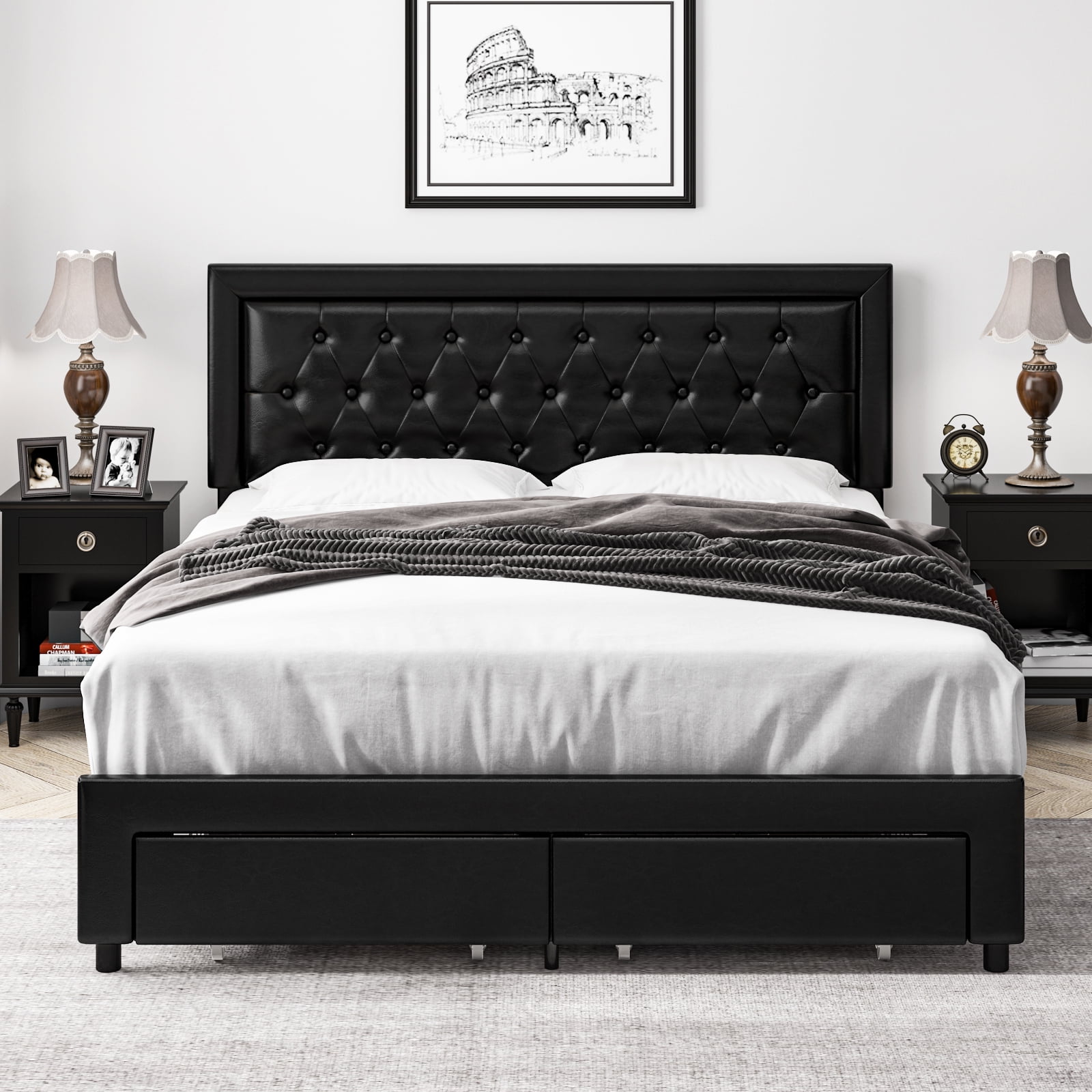 Homfa Queen Size 2 Drawers Bed Frame, PU Leather Upholstered Platform Bed with Adjustable Button Headboard, Black - Image 9