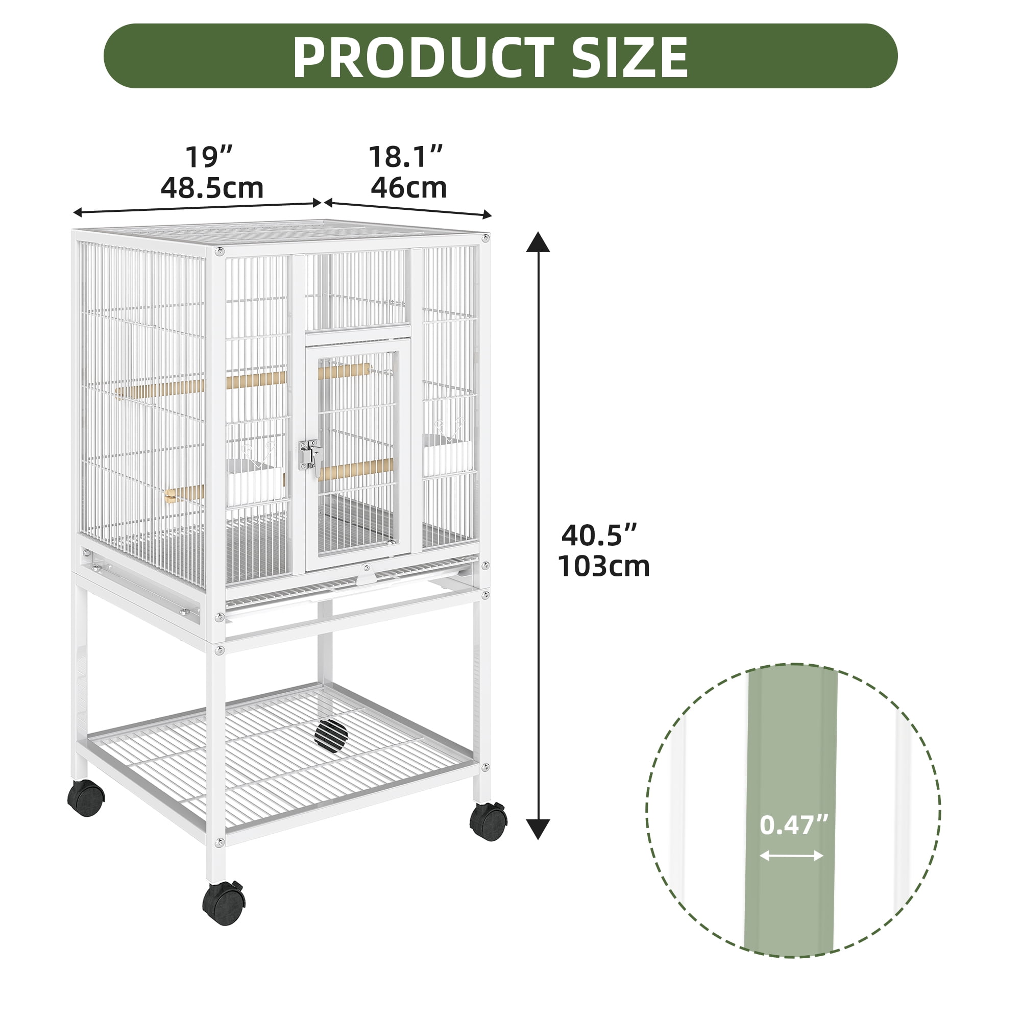 Uforic 41" Metal Birdcage with Rolling Stand and Castor Wheels, Large Parrot Cage with 2 Perches and 2 Feeders, Spacious Storage Tray, White - Image 7