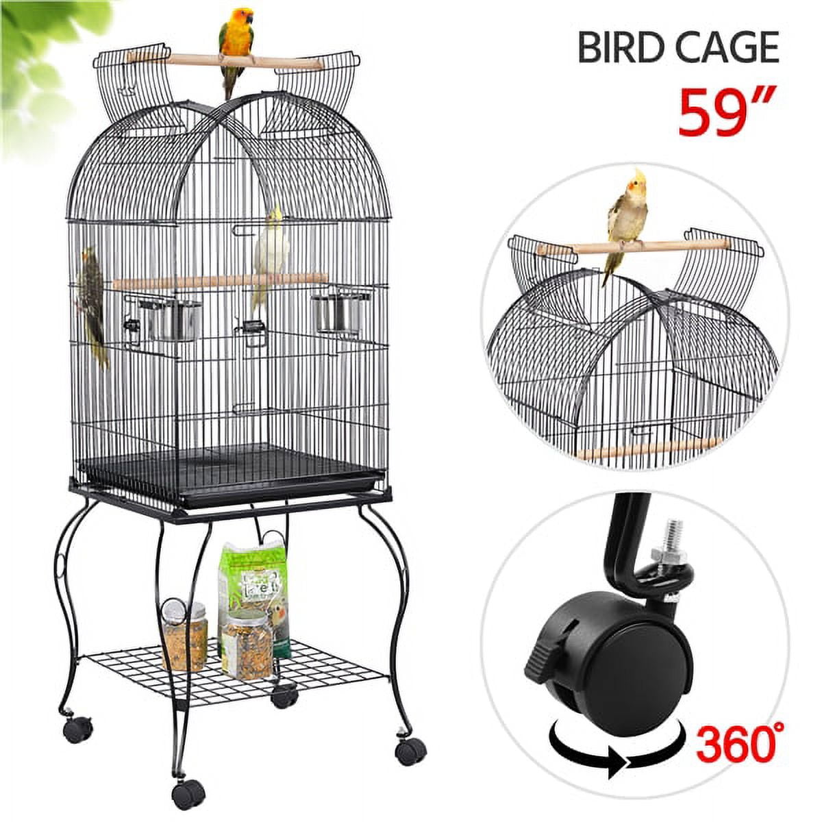 Alden Design Metal Rolling Bird Cage with 2 Feeders and 2 Wooden Perches, Black - Image 9