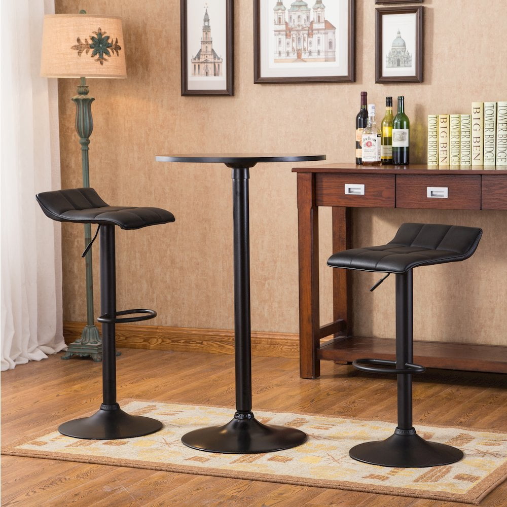 Roundhill Furniture Belham Black Round Top with Black Leg And Base Metal Bar Table and 2 Swivel Black Bonded Leather Adjustable Bar Stool Bar Sets - Image 6